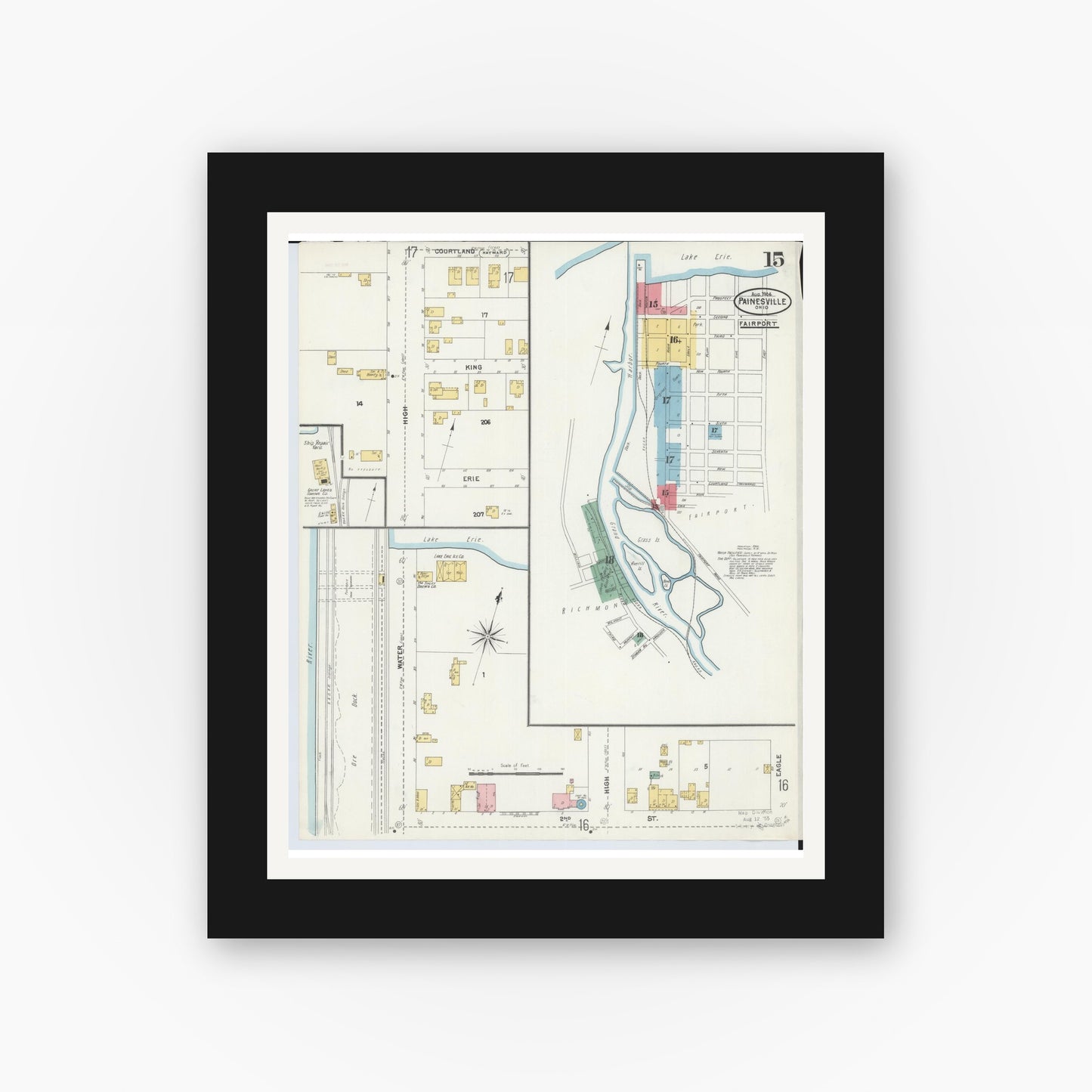 Old map wall art mockup — black gallery frame with white mat — Sanborn Fire Insurance Map from Painesville, Lake County, Ohio (1904), Sheet #0015