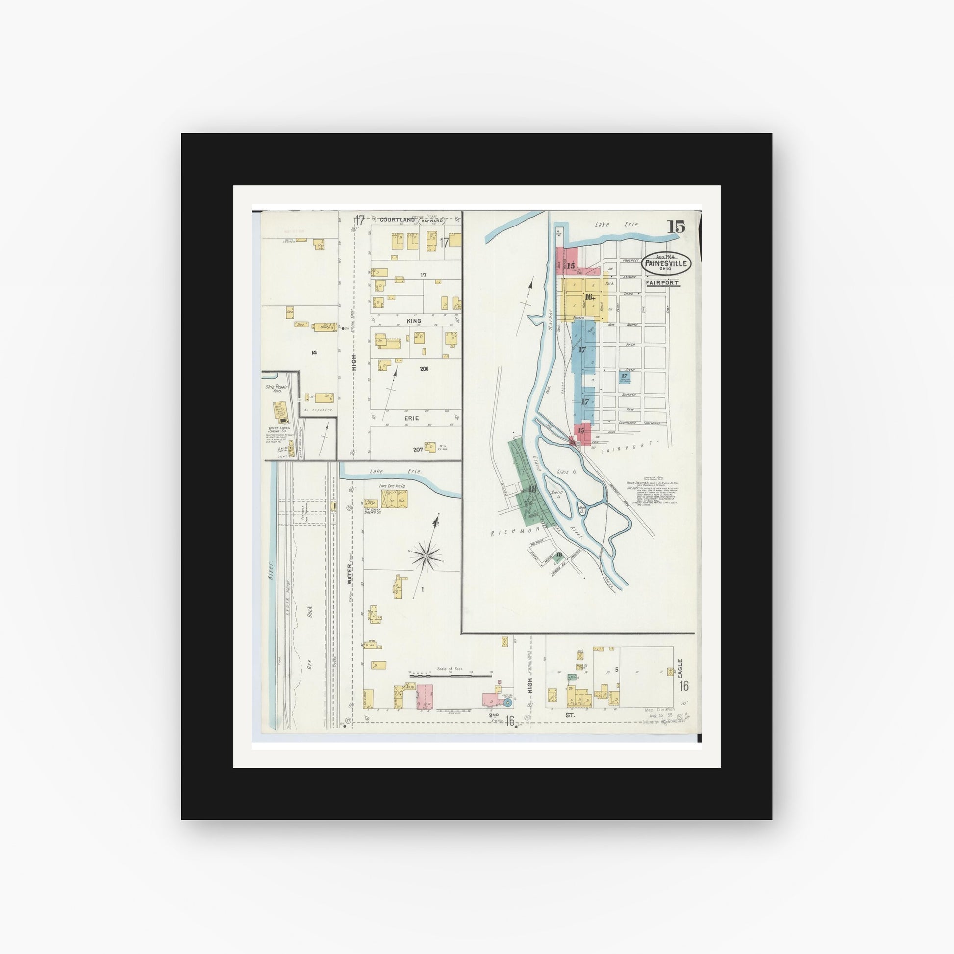 Old map wall art mockup — black gallery frame with white mat — Sanborn Fire Insurance Map from Painesville, Lake County, Ohio (1904), Sheet #0015