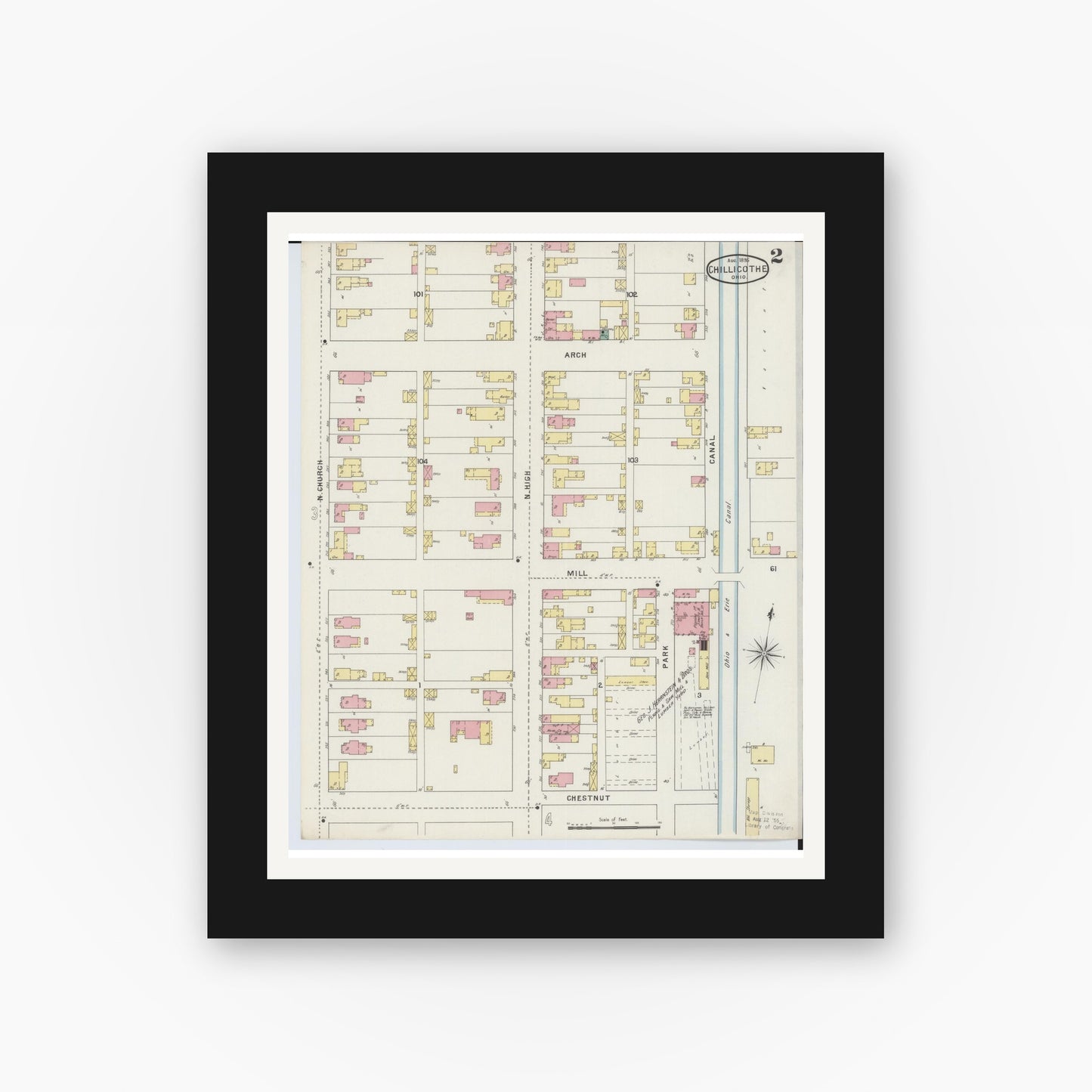 Old map wall art mockup — black gallery frame with white mat — Sanborn Fire Insurance Map from Chillicothe, Ross County, Ohio (1895), Sheet #0002