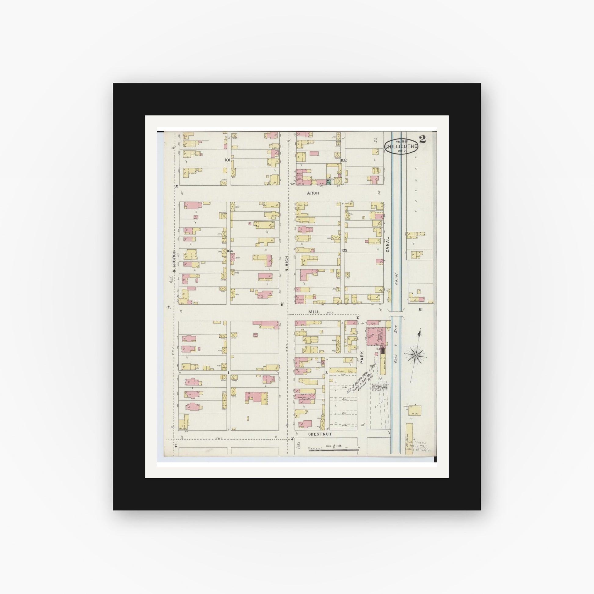 Old map wall art mockup — black gallery frame with white mat — Sanborn Fire Insurance Map from Chillicothe, Ross County, Ohio (1895), Sheet #0002