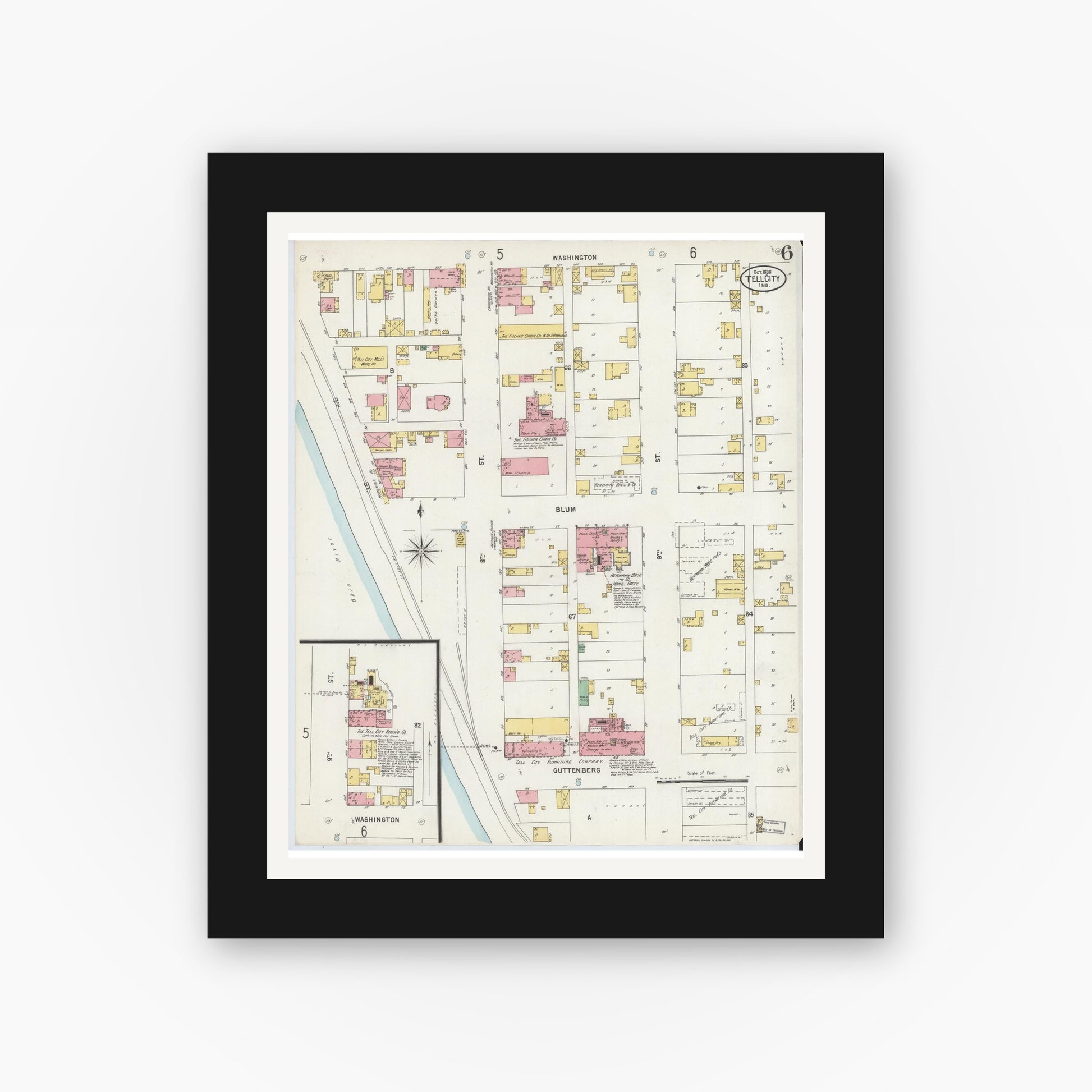 Old map wall art mockup — black gallery frame with white mat — Sanborn Fire Insurance Map from Tell City, Perry County, Indiana (1898), Sheet #0006