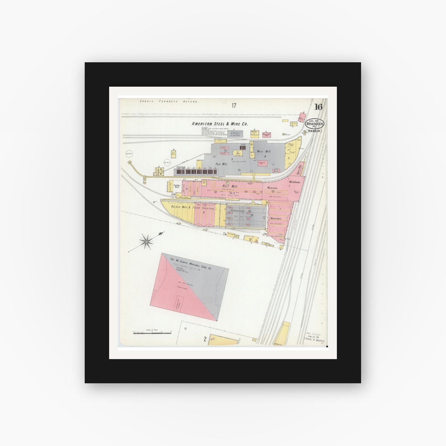 Old map wall art mockup — black gallery frame with white mat — Sanborn Fire Insurance Map from Braddock, Allegheny County, Pennsylvania (1901), Sheet #0016
