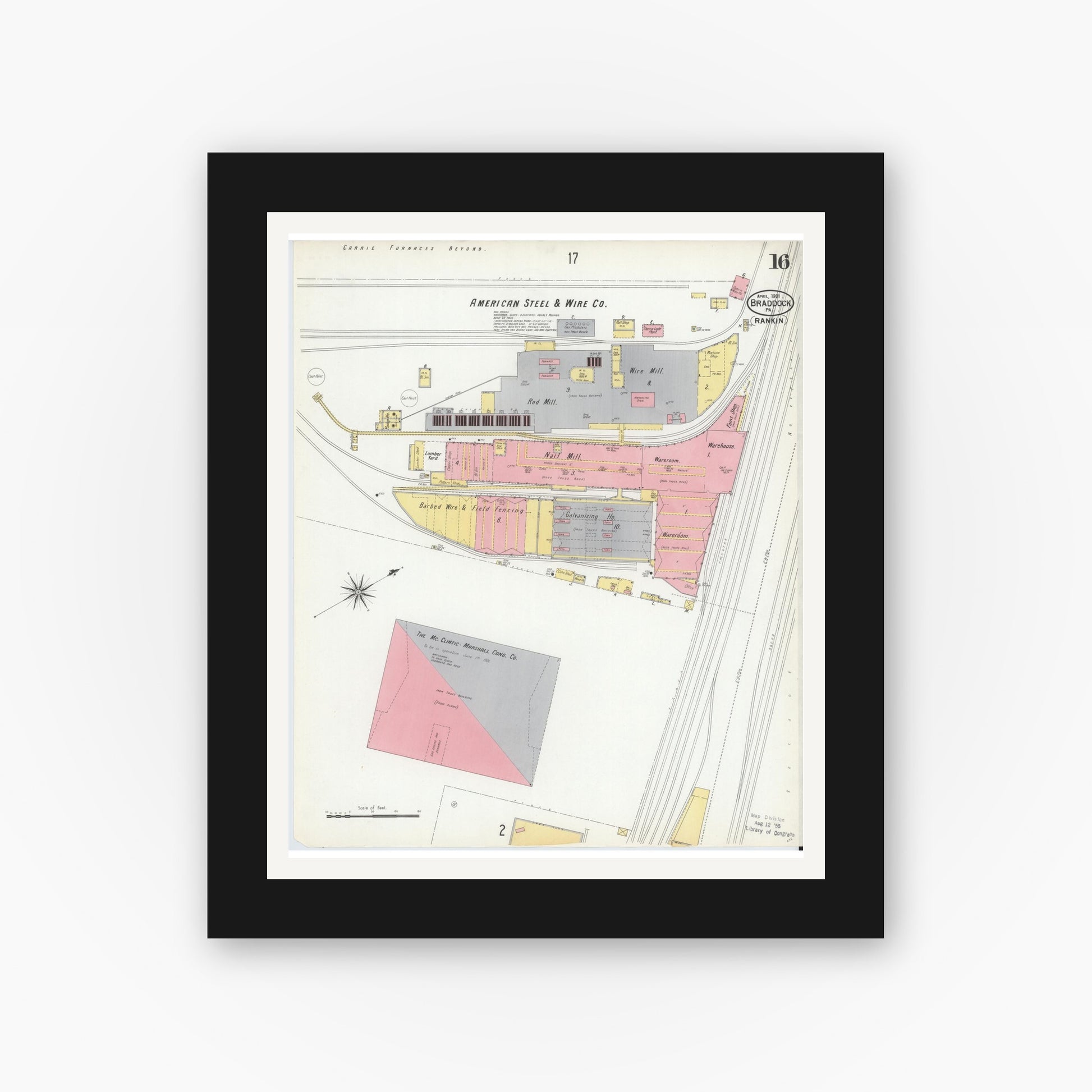 Old map wall art mockup — black gallery frame with white mat — Sanborn Fire Insurance Map from Braddock, Allegheny County, Pennsylvania (1901), Sheet #0016