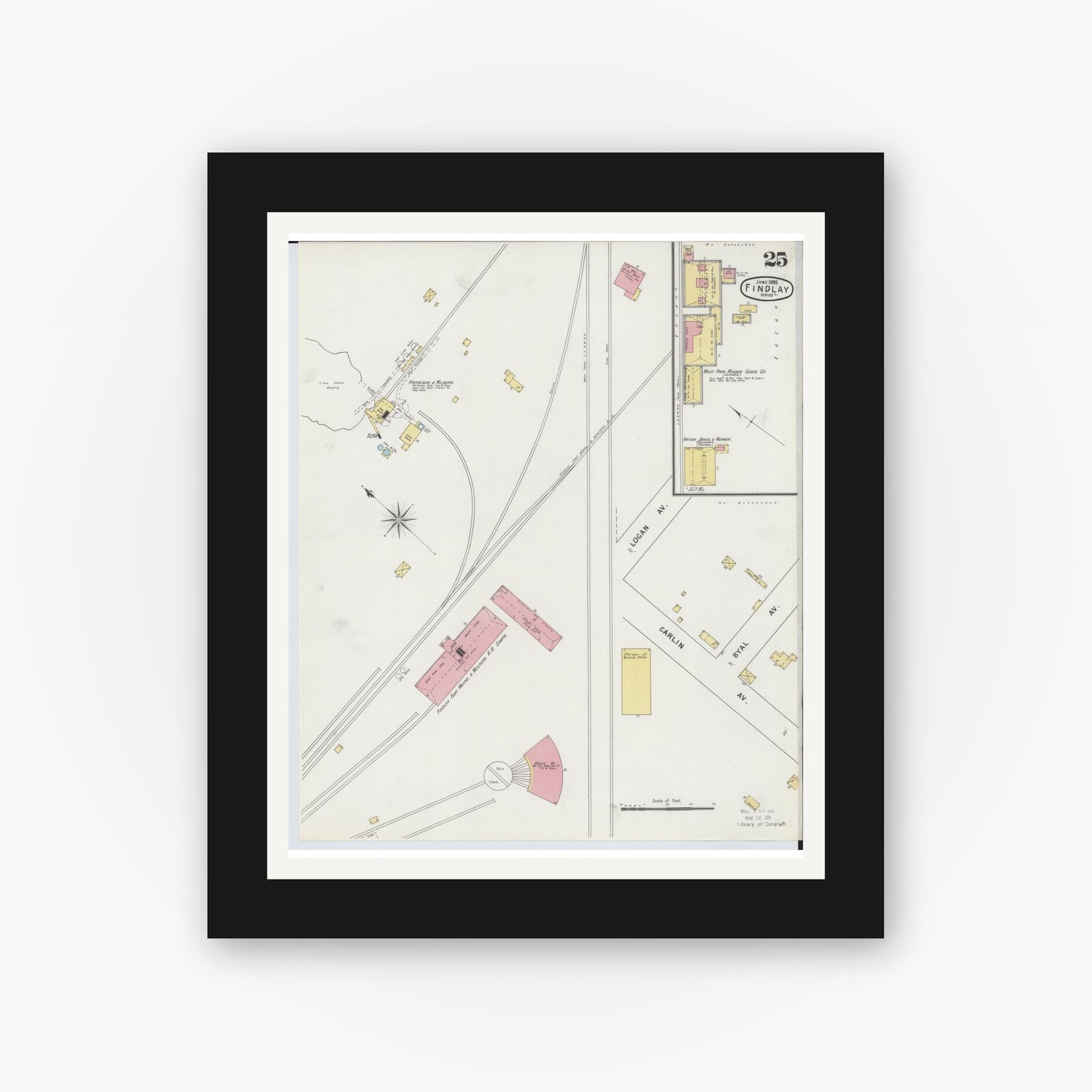 Old map wall art mockup — black gallery frame with white mat — Sanborn Fire Insurance Map from Findlay, Hancock County, Ohio (1895), Sheet #0025