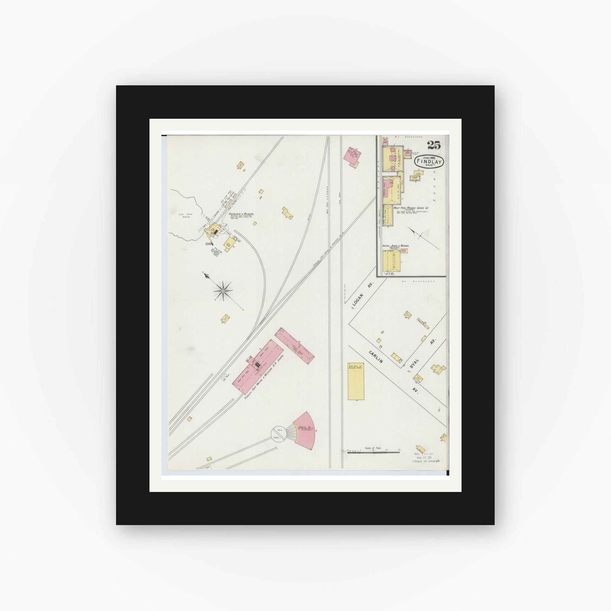 Old map wall art mockup — black gallery frame with white mat — Sanborn Fire Insurance Map from Findlay, Hancock County, Ohio (1895), Sheet #0025