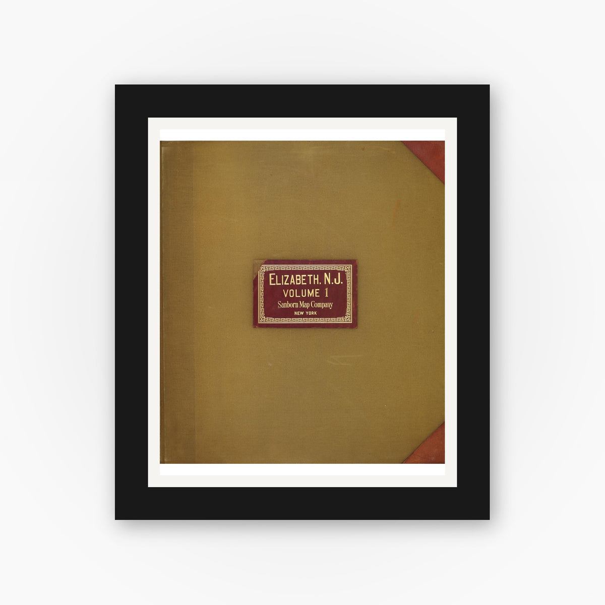 Old map wall art mockup — black gallery frame with white mat — Sanborn Fire Insurance Map from Elizabeth, Union County, New Jersey (1950), Sheet #0001