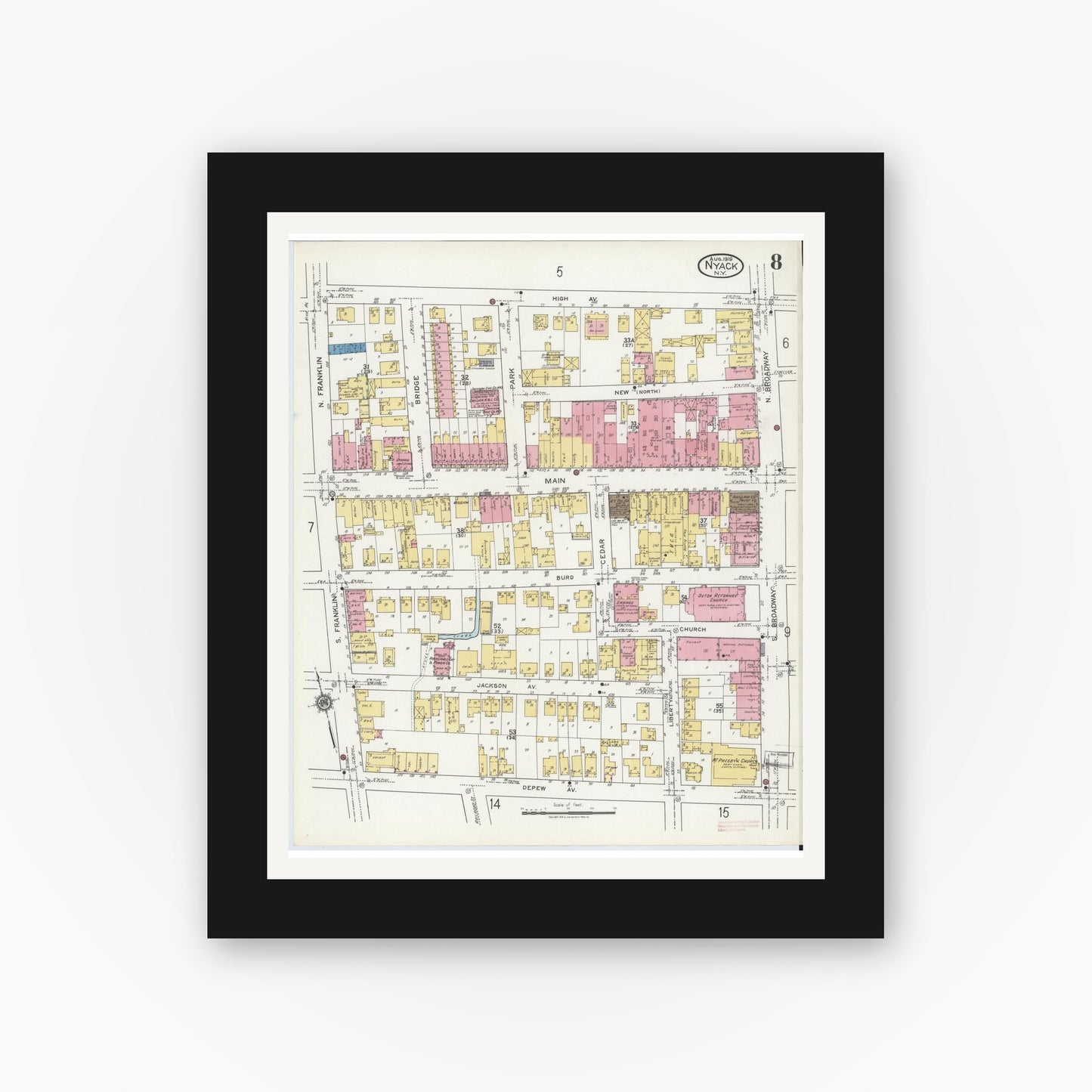 Old map wall art mockup — black gallery frame with white mat — Sanborn Fire Insurance Map from Nyack, Rockland County, New York. (1919), Sheet #0008