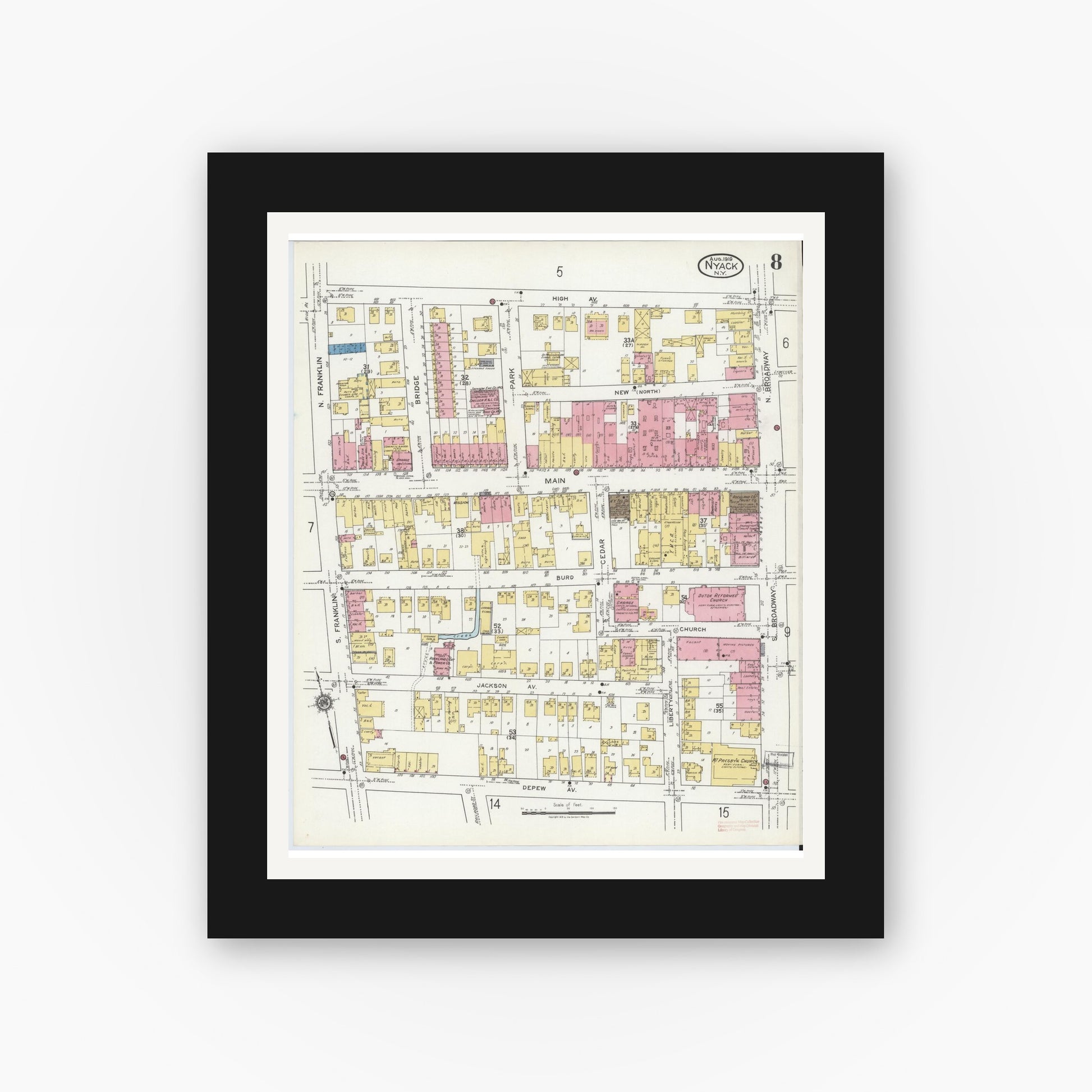 Old map wall art mockup — black gallery frame with white mat — Sanborn Fire Insurance Map from Nyack, Rockland County, New York. (1919), Sheet #0008