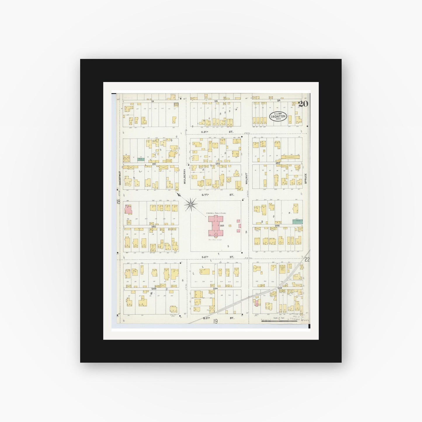 Old map wall art mockup — black gallery frame with white mat — Sanborn Fire Insurance Map from Ironton, Lawrence County, Ohio (1904), Sheet #0020