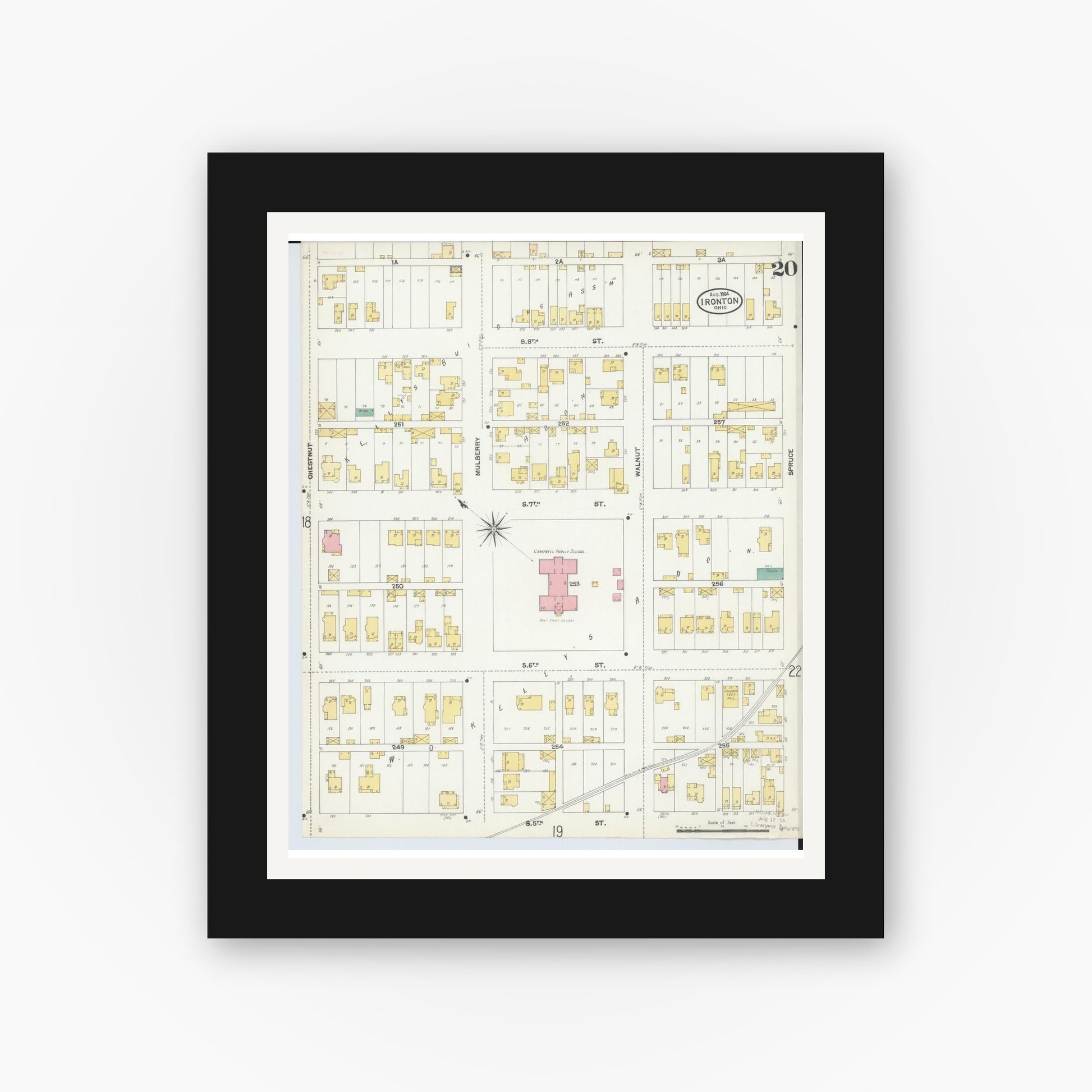 Old map wall art mockup — black gallery frame with white mat — Sanborn Fire Insurance Map from Ironton, Lawrence County, Ohio (1904), Sheet #0020