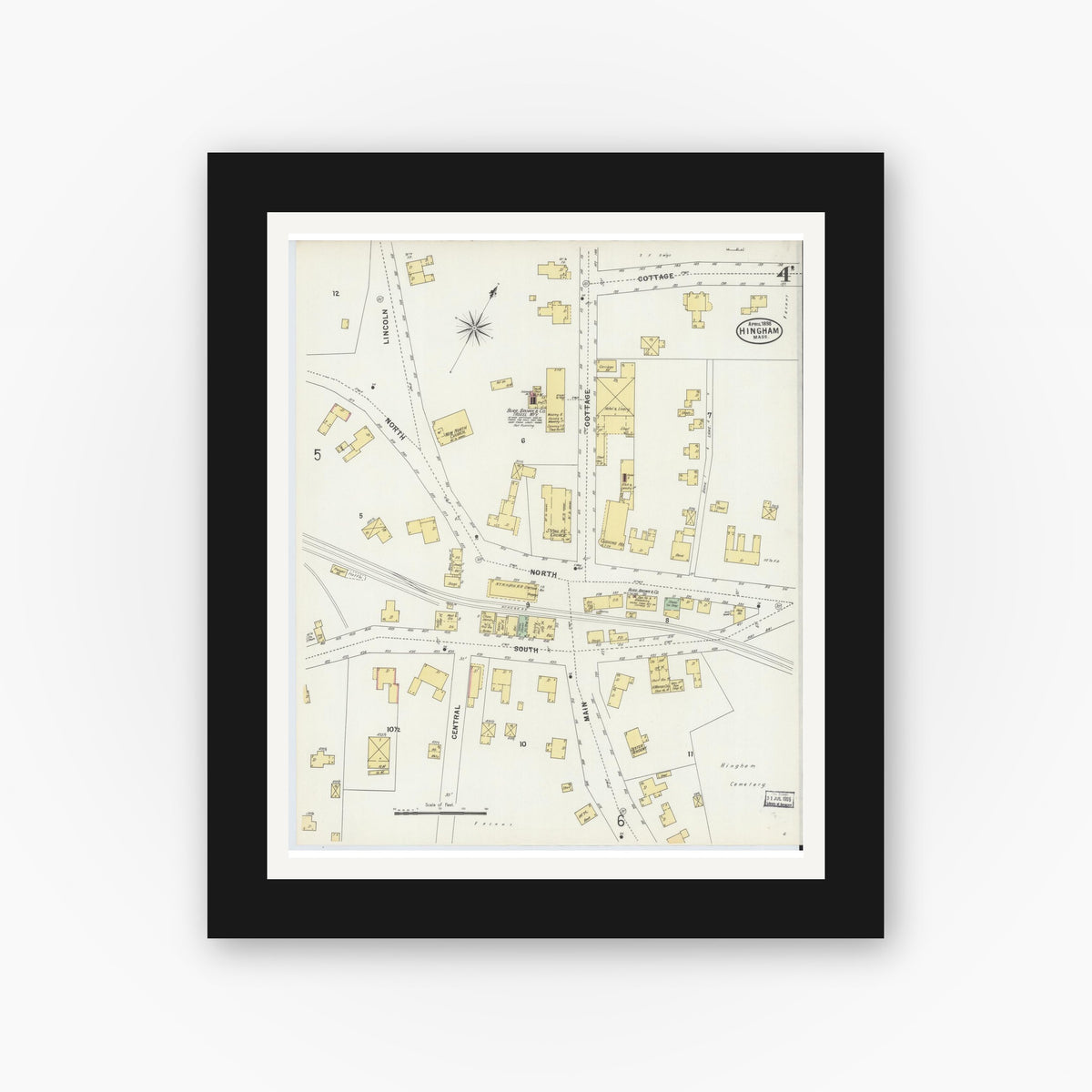 Old map wall art mockup — black gallery frame with white mat — Sanborn Fire Insurance Map from Hingham, Plymouth County, Massachusetts (1898), Sheet #0004