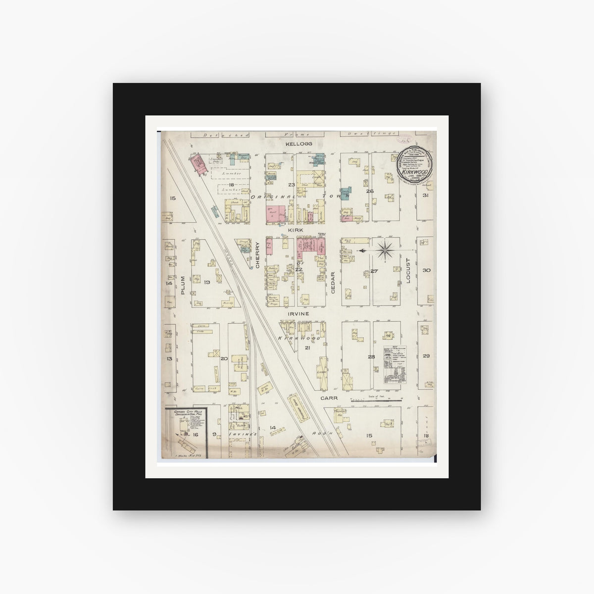 Old map wall art mockup — black gallery frame with white mat — Sanborn Fire Insurance Map from Kirkwood, Warren County, Illinois (1886), Sheet #0001