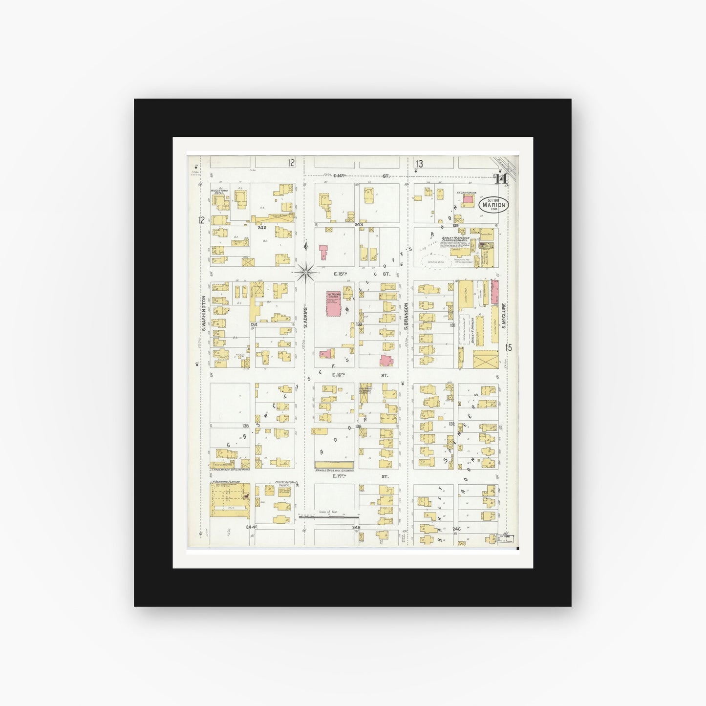 Old map wall art mockup — black gallery frame with white mat — Sanborn Fire Insurance Map from Marion, Grant County, Indiana (1901), Sheet #0014