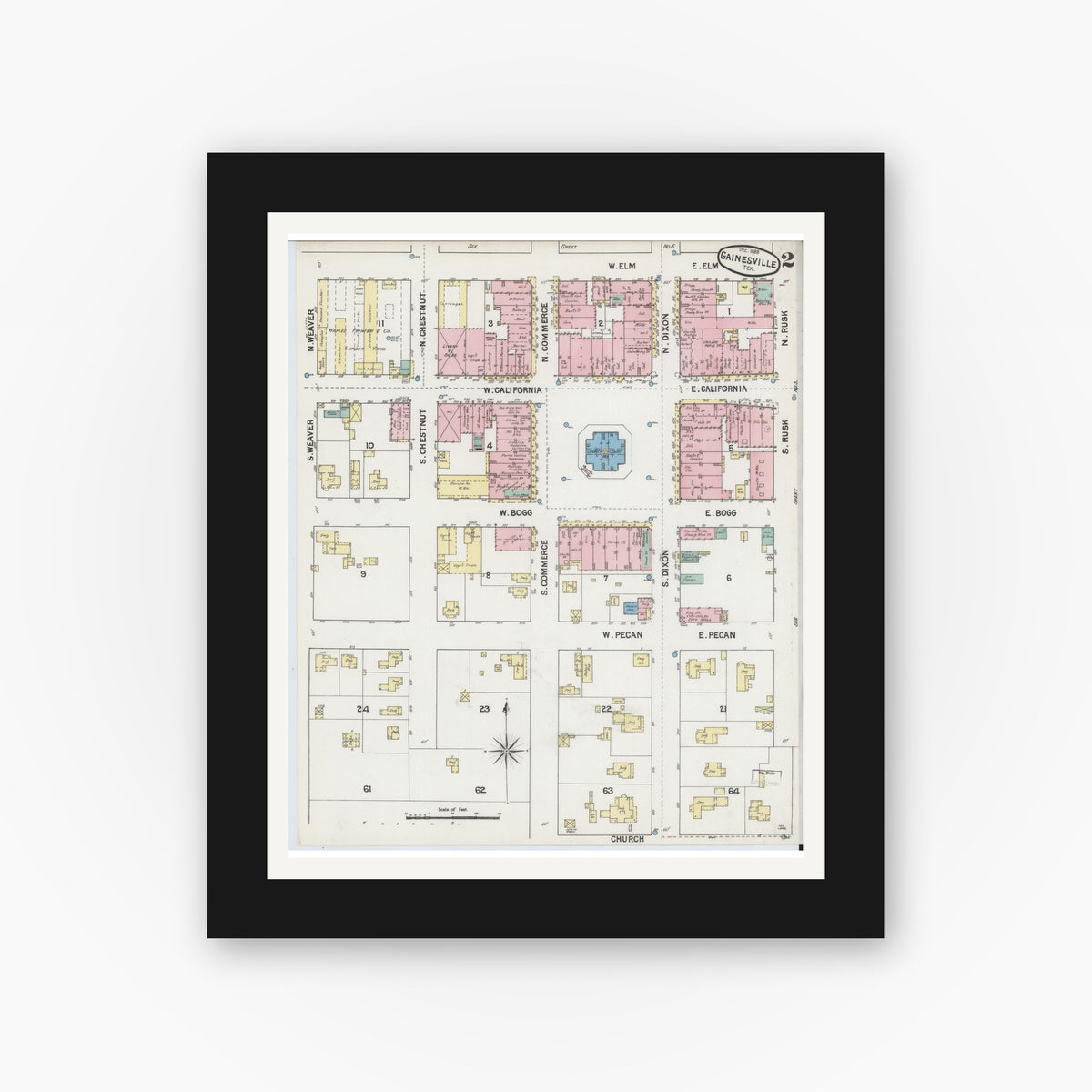 Old map wall art mockup — black gallery frame with white mat — Sanborn Fire Insurance Map from Gainesville, Cooke County, Texas (1888), Sheet #0002