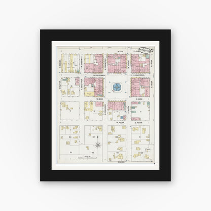 Old map wall art mockup — black gallery frame with white mat — Sanborn Fire Insurance Map from Gainesville, Cooke County, Texas (1888), Sheet #0002