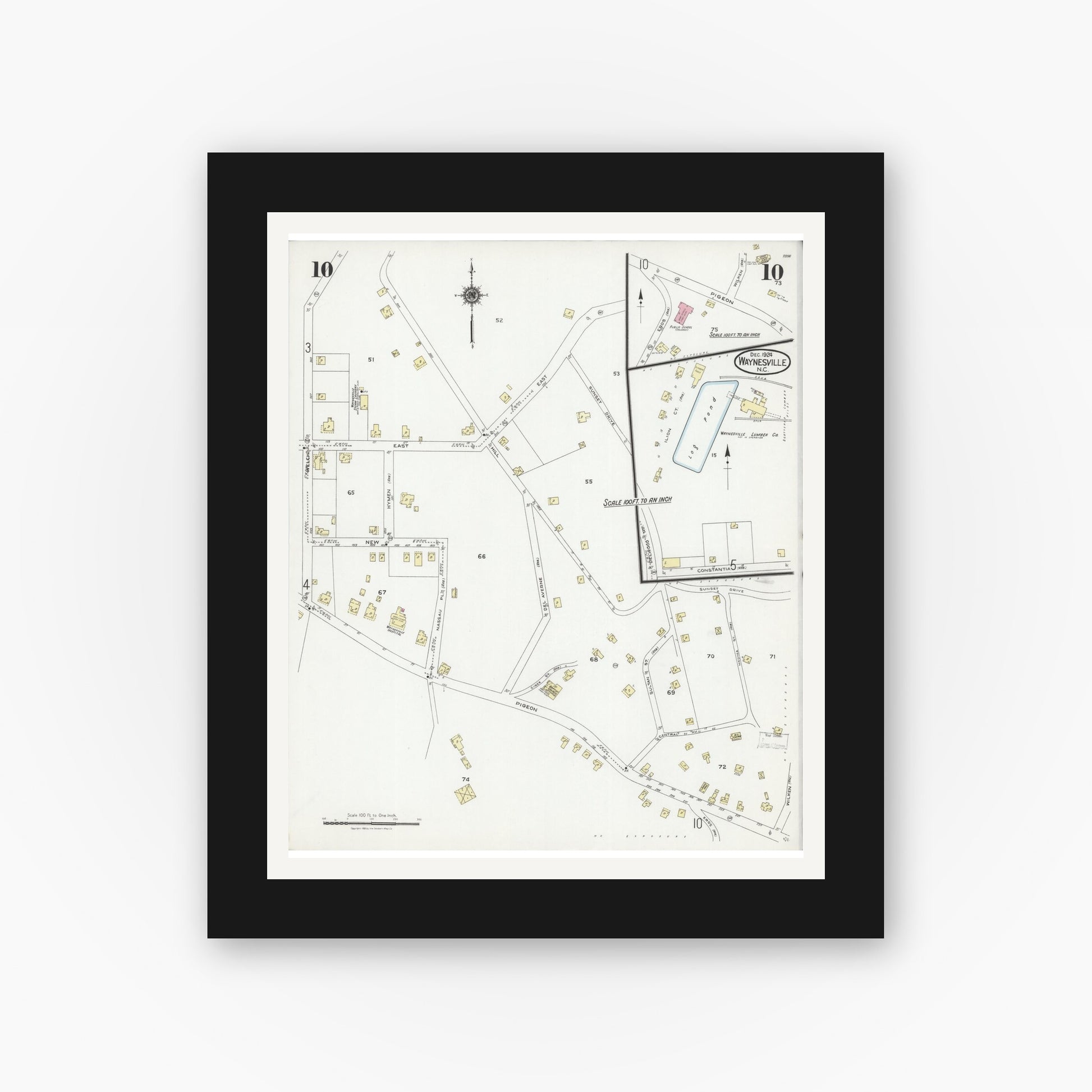 Old map wall art mockup — black gallery frame with white mat — Sanborn Fire Insurance Map from Waynesville, Haywood County, North Carolina (1924), Sheet #0010