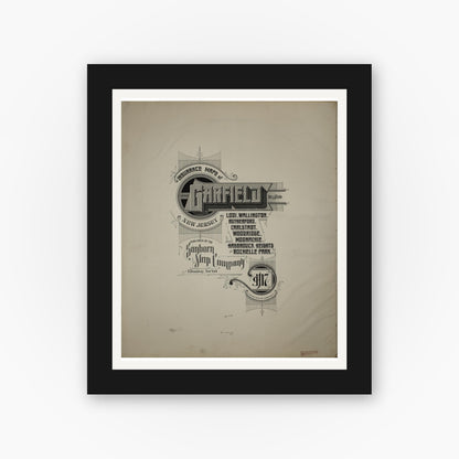 Old map wall art mockup — black gallery frame with white mat — Sanborn Fire Insurance Map from Garfield, Bergen County, New Jersey (1917), Sheet #0001