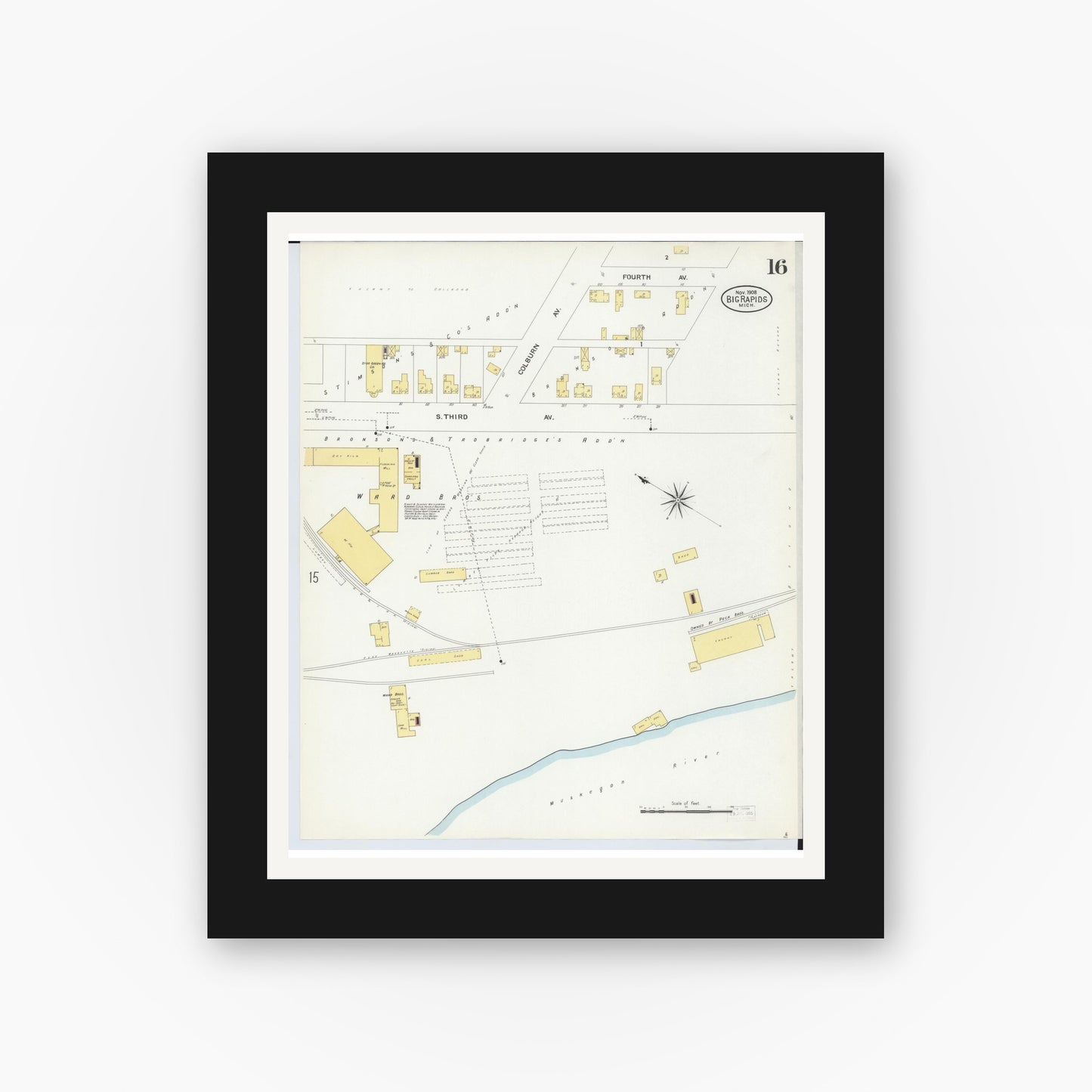 Old map wall art mockup — black gallery frame with white mat — Sanborn Fire Insurance Map from Big Rapids, Mecosta County, Michigan (1908), Sheet #0016
