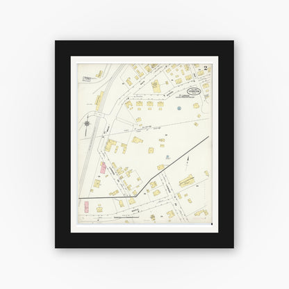 Old map wall art mockup — black gallery frame with white mat — Sanborn Fire Insurance Map from Uxbridge, Worcester County, Massachusetts (1909), Sheet #0002