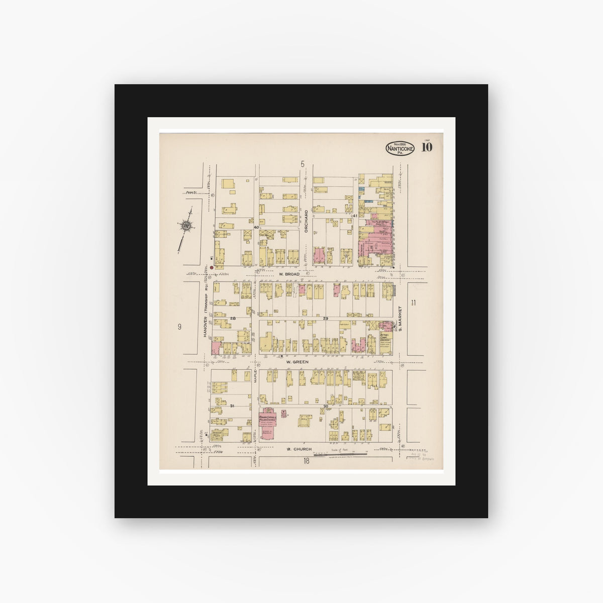 Old map wall art mockup — black gallery frame with white mat — Sanborn Fire Insurance Map from Nanticoke, Luzerne County, Pennsylvania (1920), Sheet #0010
