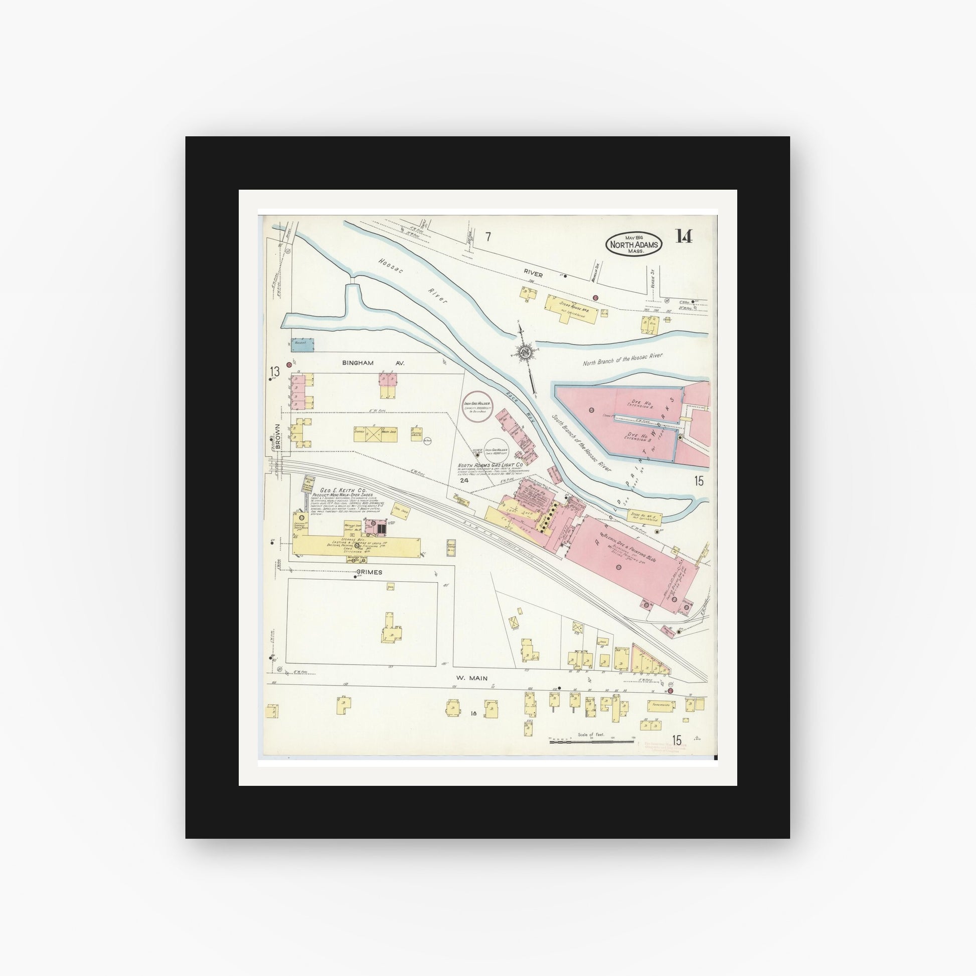 Old map wall art mockup — black gallery frame with white mat — Sanborn Fire Insurance Map from North Adams, Berkshire County, Massachusetts (1914), Sheet #0014