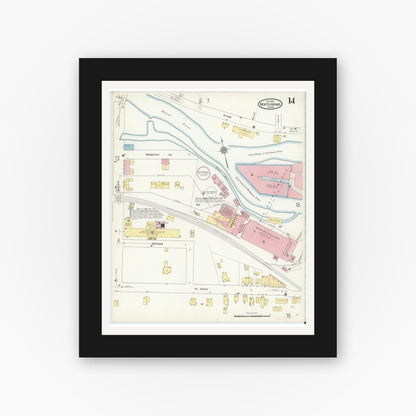 Old map wall art mockup — black gallery frame with white mat — Sanborn Fire Insurance Map from North Adams, Berkshire County, Massachusetts (1914), Sheet #0014