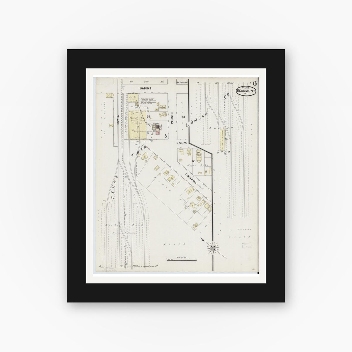 Old map wall art mockup — black gallery frame with white mat — Sanborn Fire Insurance Map from Beaumont, Jefferson County, Texas (1889), Sheet #0006