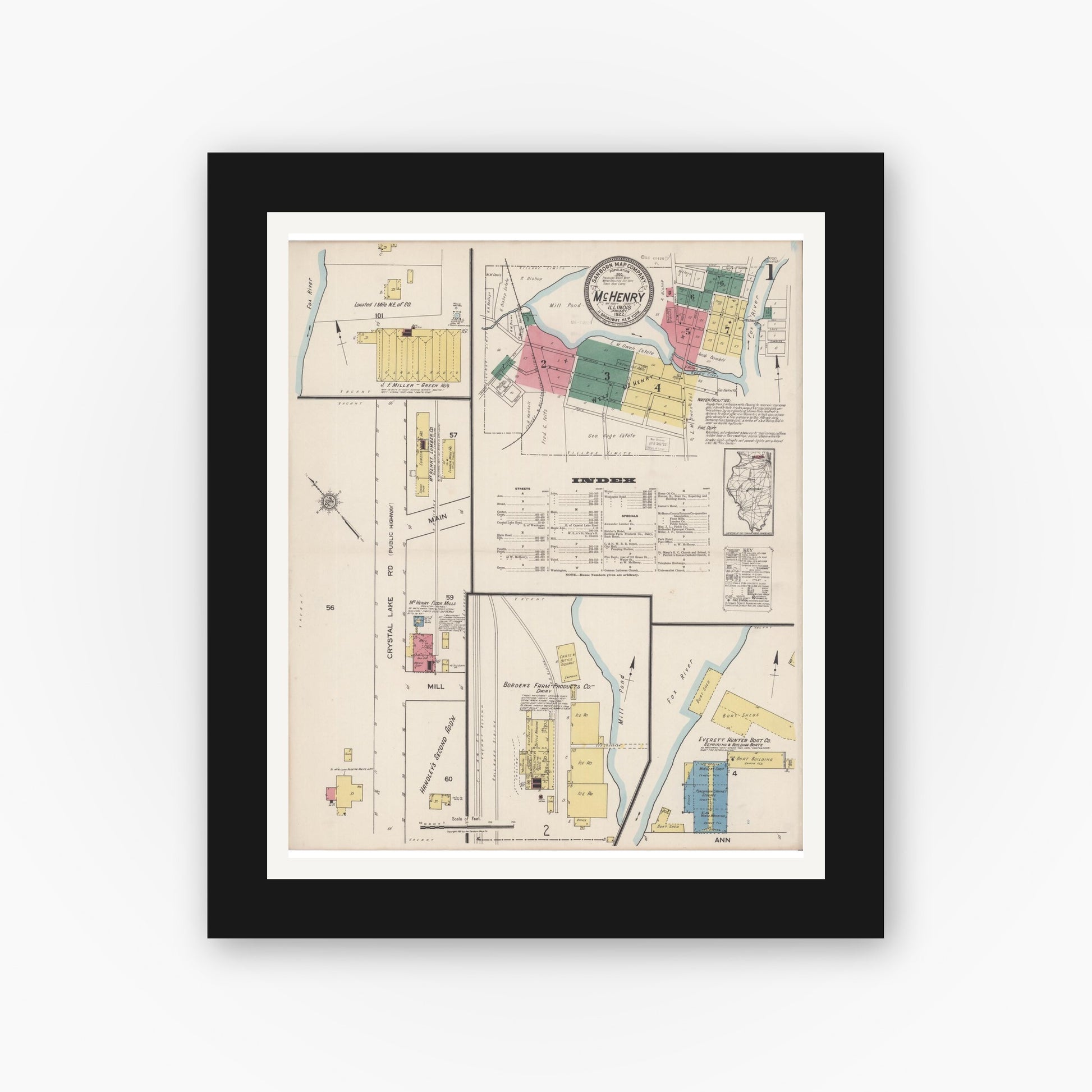 Old map wall art mockup — black gallery frame with white mat — Sanborn Fire Insurance Map from McHenry, McHenry County, Illinois (1922) - Complete Map Set