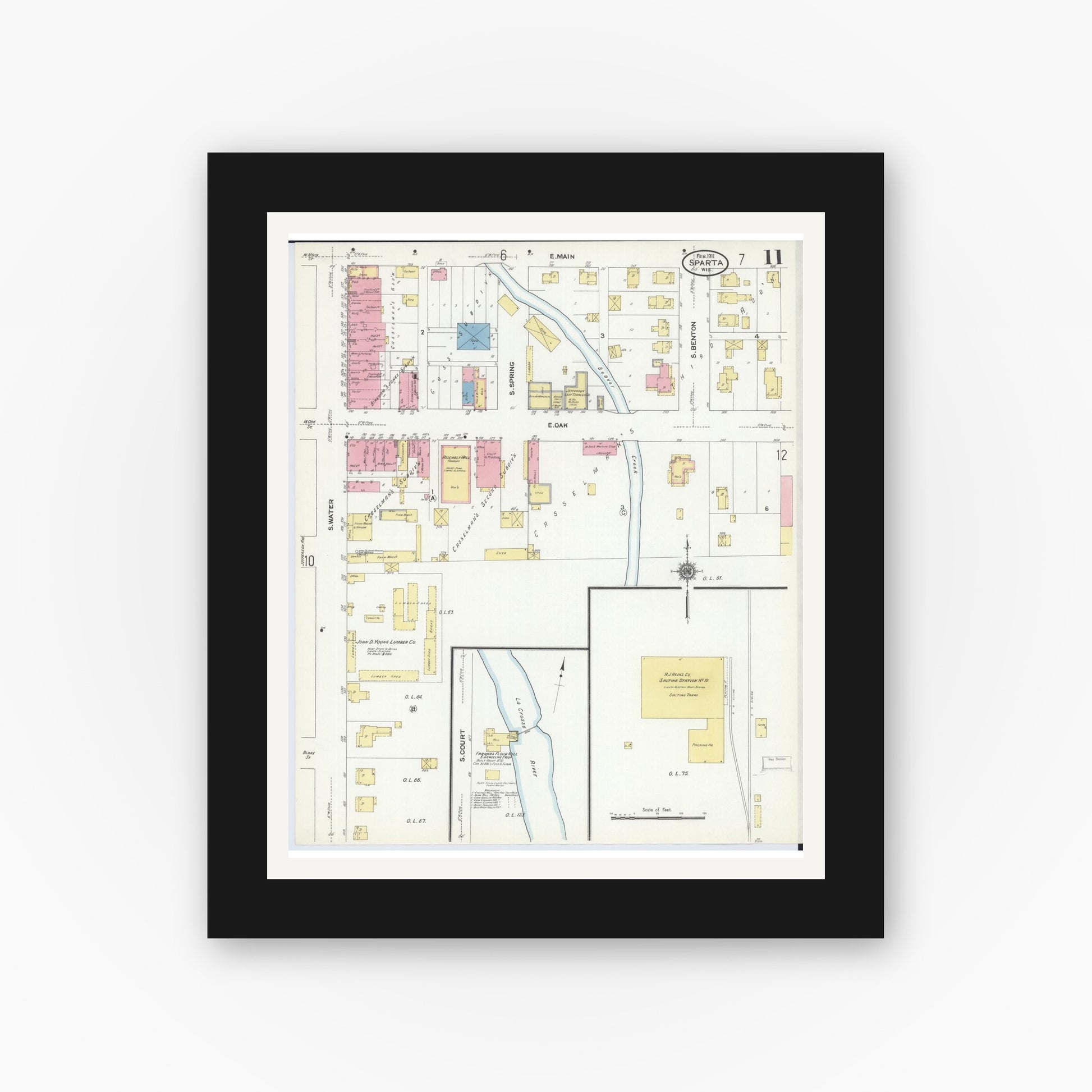 Old map wall art mockup — black gallery frame with white mat — Sanborn Fire Insurance Map from Sparta, Monroe County, Wisconsin (1911), Sheet #0011
