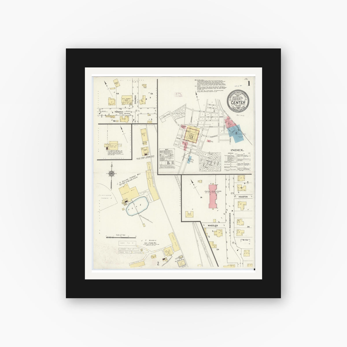 Old map wall art mockup — black gallery frame with white mat — Sanborn Fire Insurance Map from Center, Shelby County, Texas (1912) - Complete Map Set