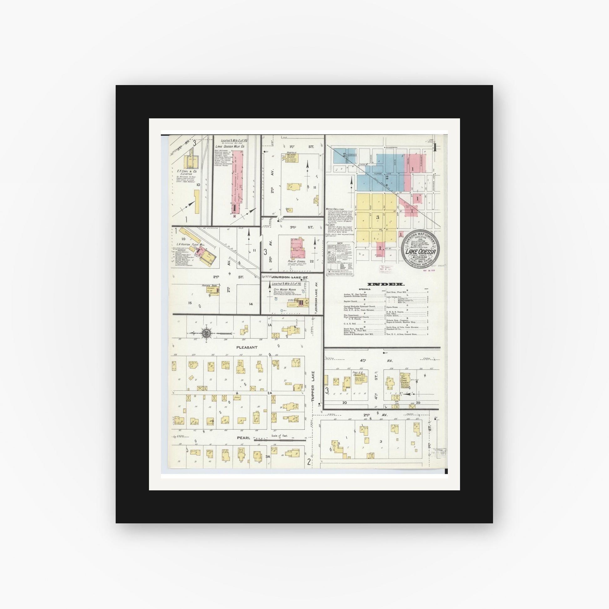 Old map wall art mockup — black gallery frame with white mat — Sanborn Fire Insurance Map from Lake Odessa, Ionia County, Michigan (1910) - Complete Map Set