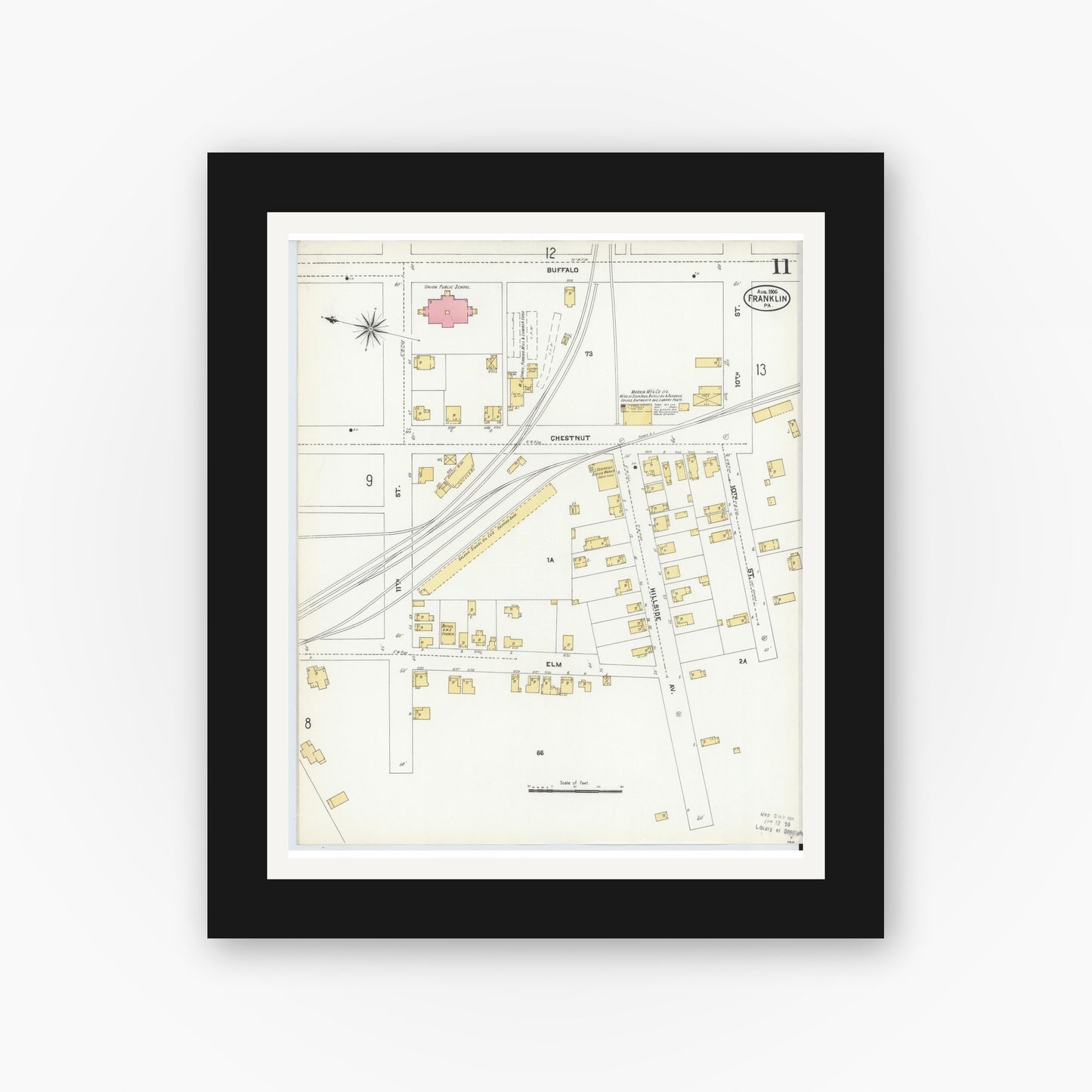 Old map wall art mockup — black gallery frame with white mat — Sanborn Fire Insurance Map from Franklin, Venango County, Pennsylvania (1906), Sheet #0011