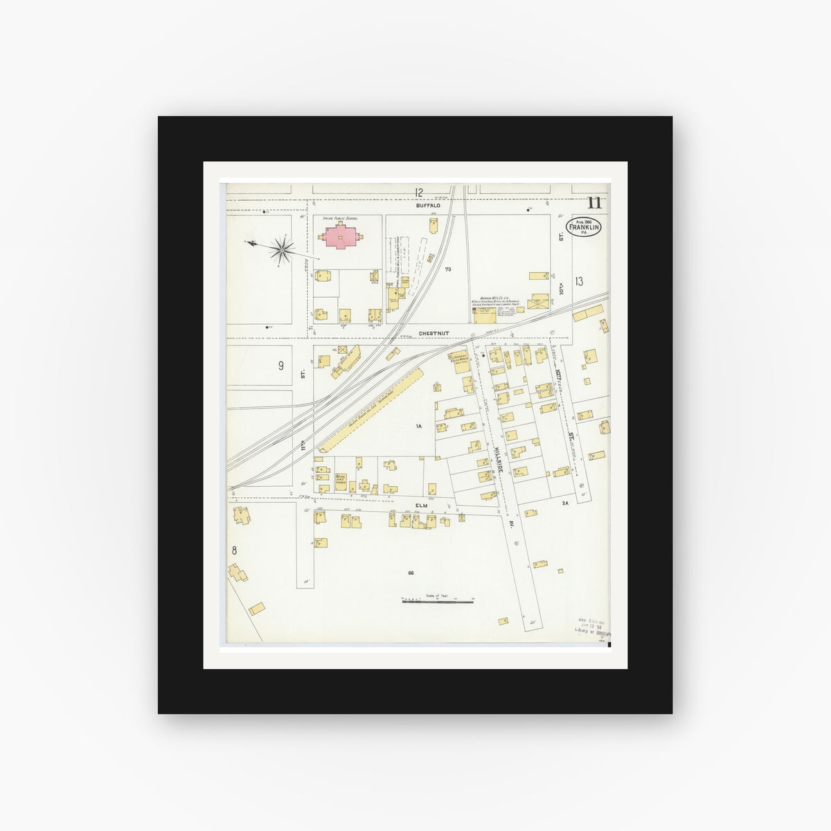 Old map wall art mockup — black gallery frame with white mat — Sanborn Fire Insurance Map from Franklin, Venango County, Pennsylvania (1906), Sheet #0011