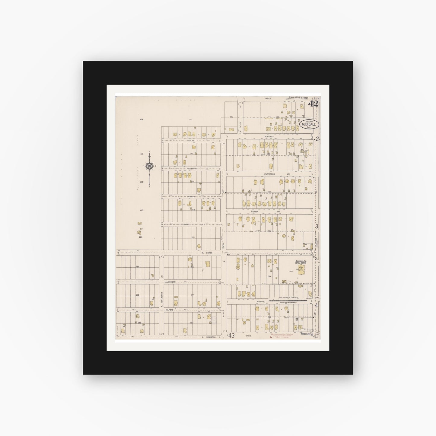 Old map wall art mockup — black gallery frame with white mat — Sanborn Fire Insurance Map from Glendale, Los Angeles County, California (1919), Sheet #0042