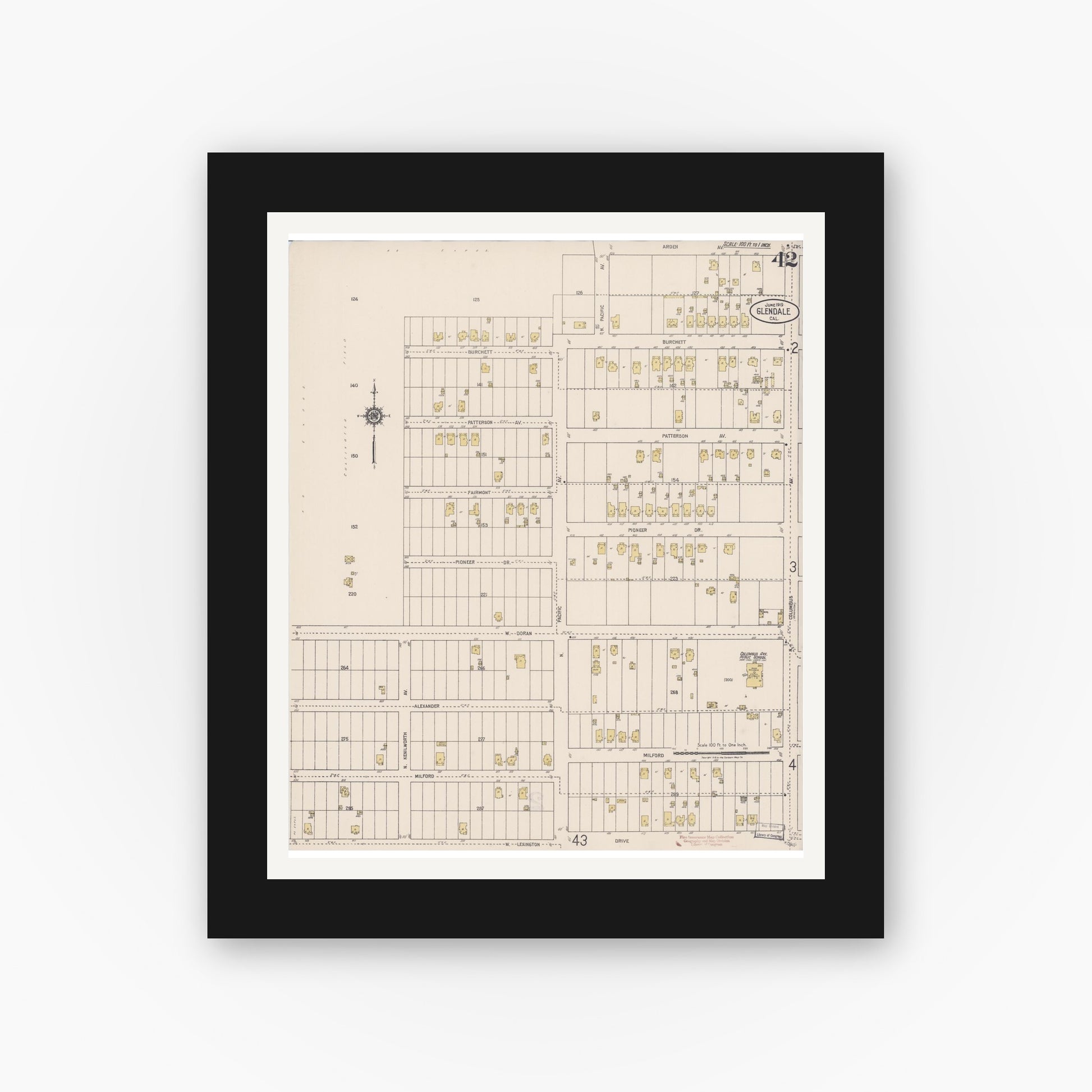 Old map wall art mockup — black gallery frame with white mat — Sanborn Fire Insurance Map from Glendale, Los Angeles County, California (1919), Sheet #0042