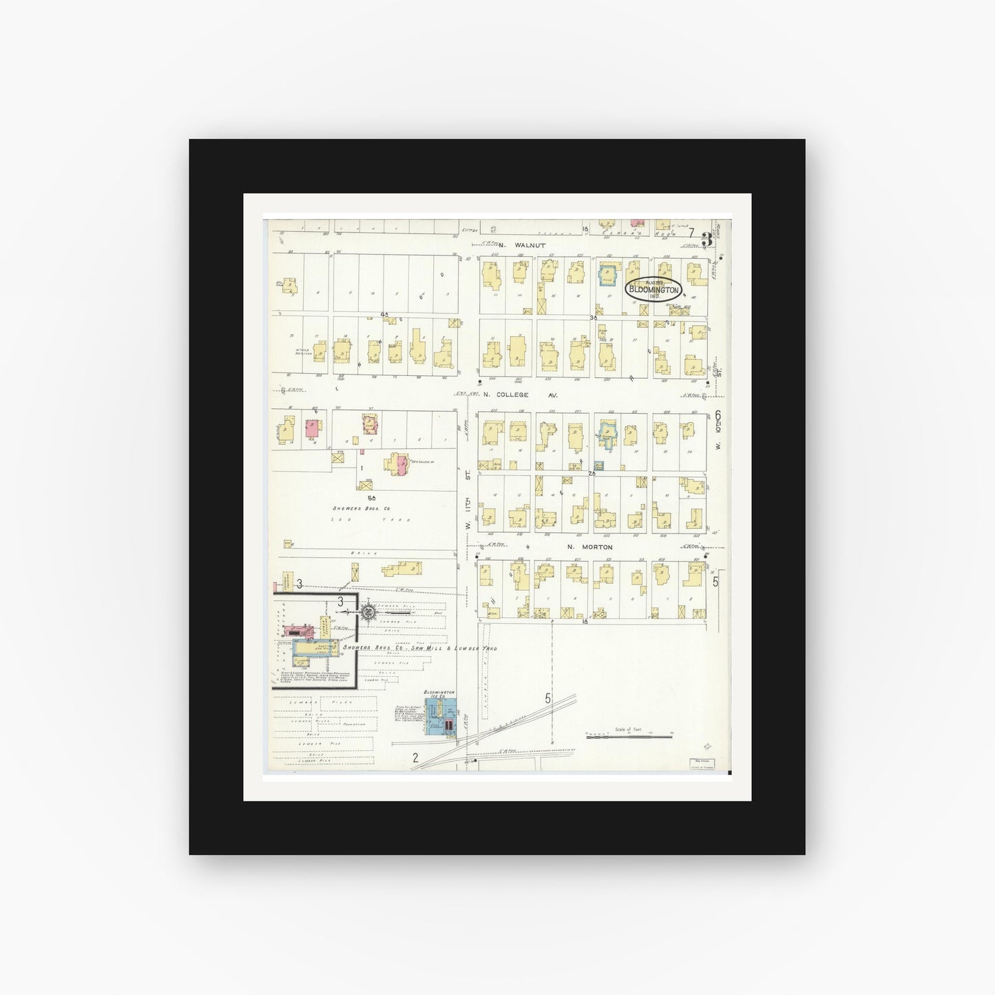 Old map wall art mockup — black gallery frame with white mat — Sanborn Fire Insurance Map from Bloomington, Monroe County, Indiana (1913), Sheet #0003