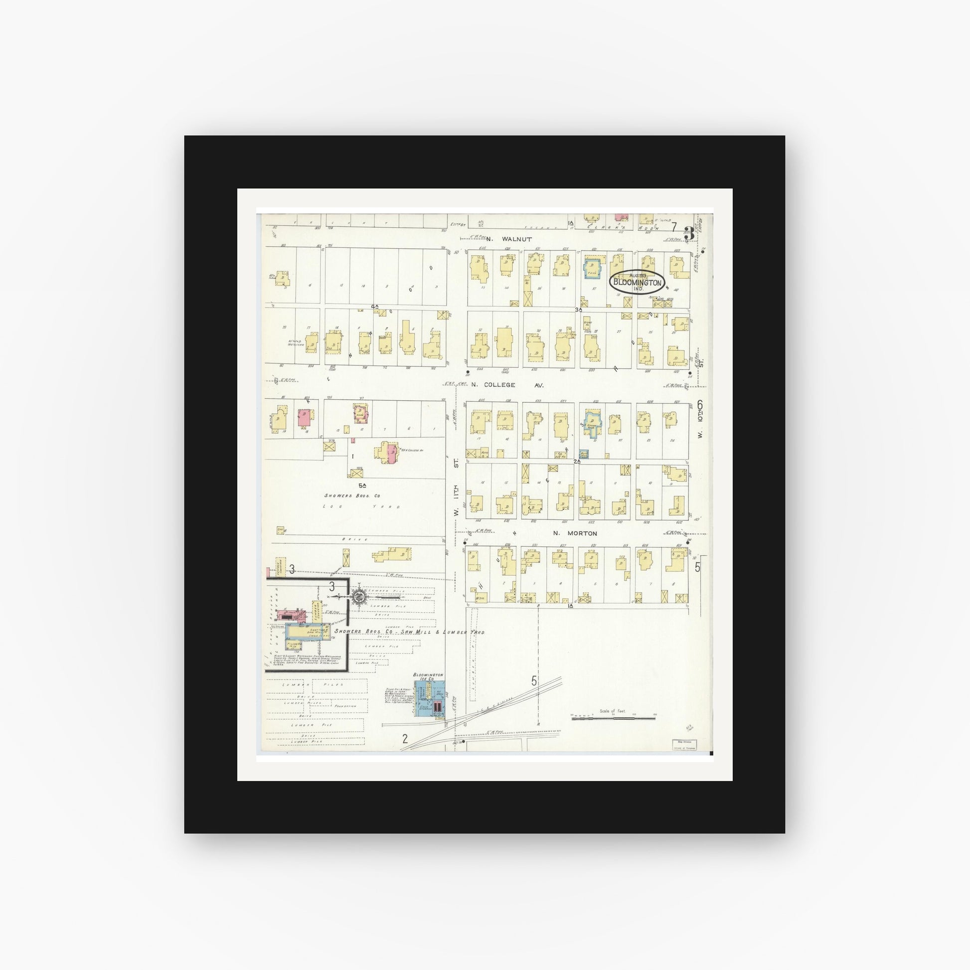 Old map wall art mockup — black gallery frame with white mat — Sanborn Fire Insurance Map from Bloomington, Monroe County, Indiana (1913), Sheet #0003