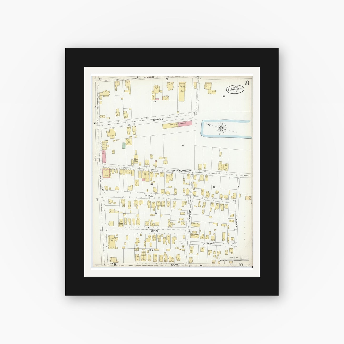 Old map wall art mockup — black gallery frame with white mat — Sanborn Fire Insurance Map from Saint Augustine, Saint John's County, Florida (1899), Sheet #0008