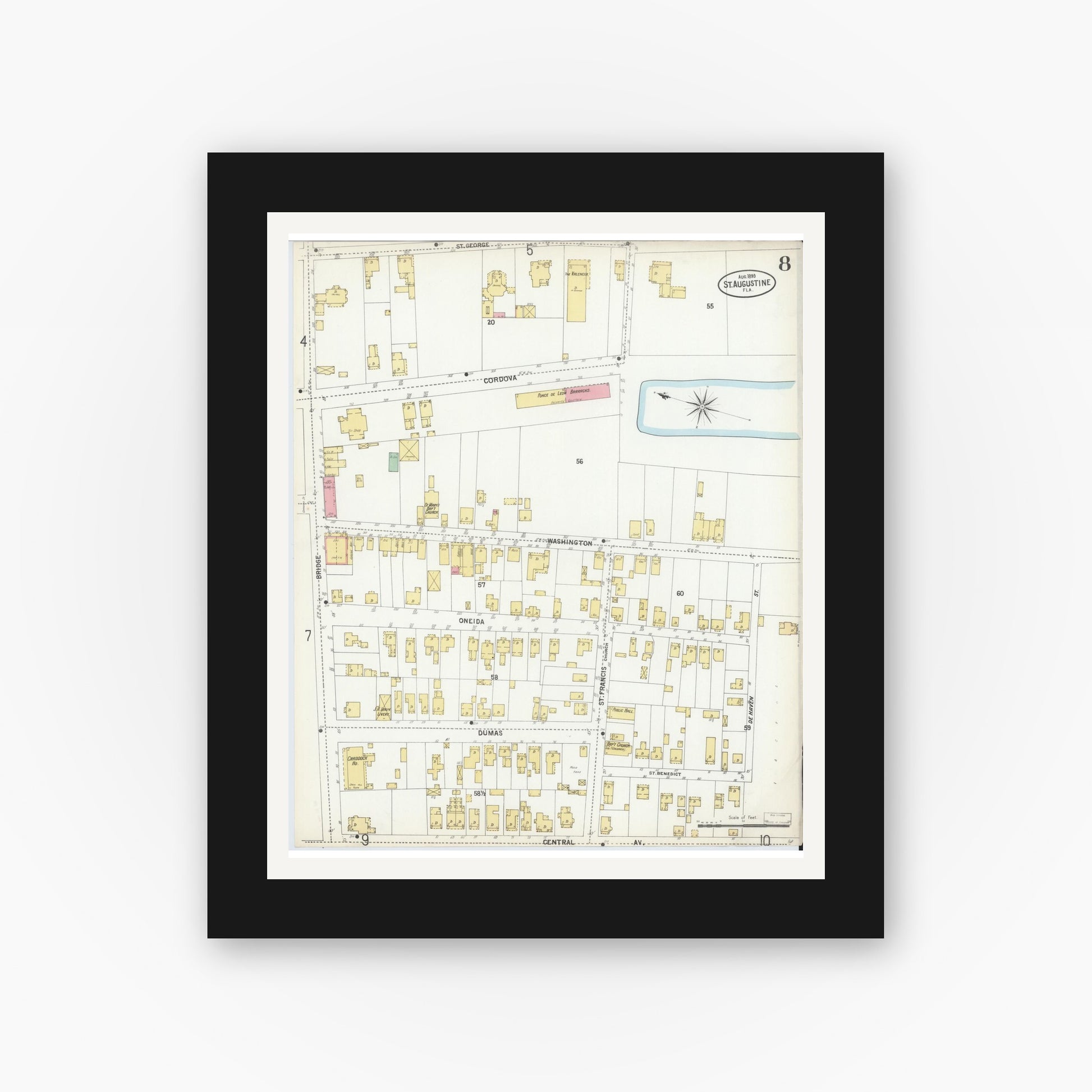 Old map wall art mockup — black gallery frame with white mat — Sanborn Fire Insurance Map from Saint Augustine, Saint John's County, Florida (1899), Sheet #0008