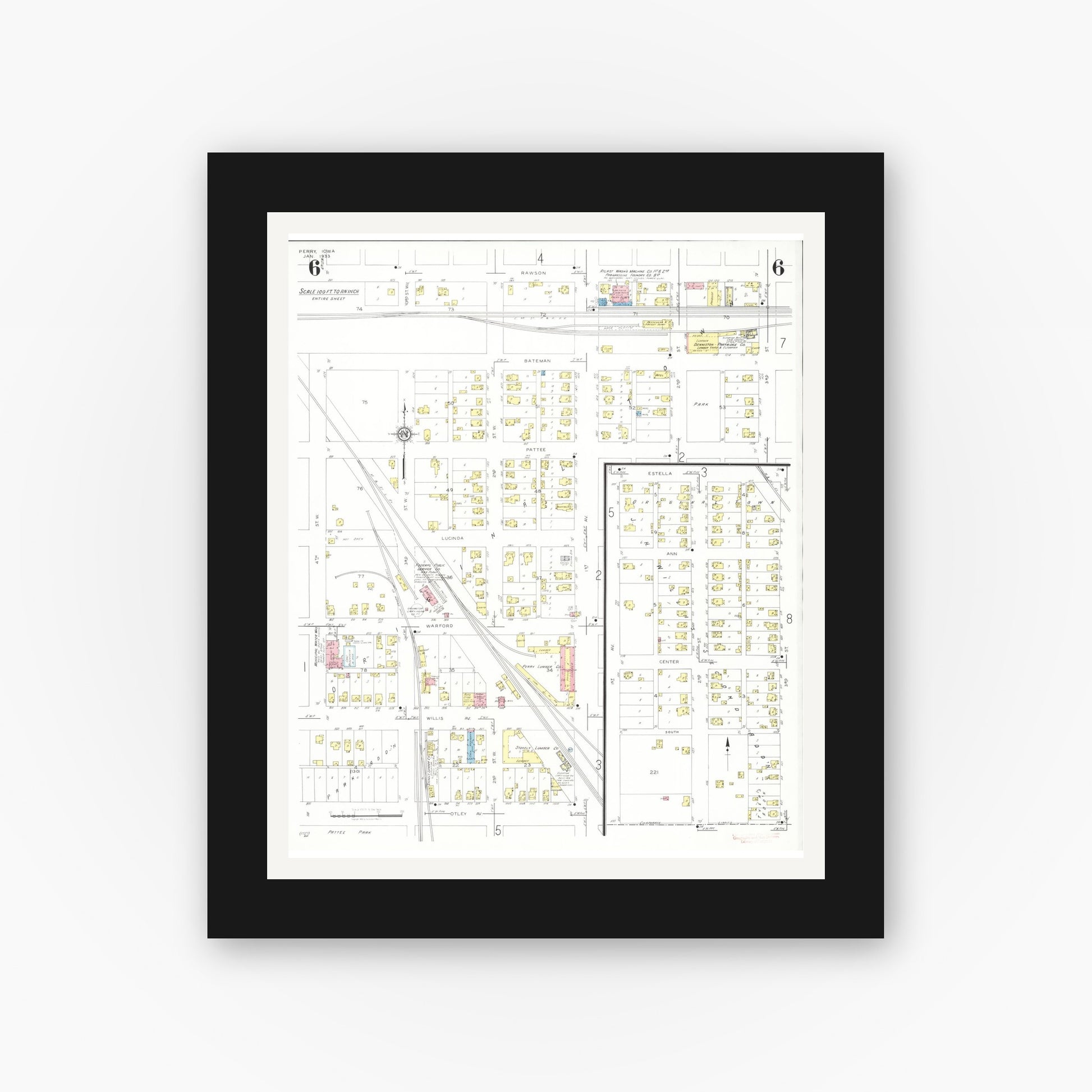 Old map wall art mockup — black gallery frame with white mat — Sanborn Fire Insurance Map from Perry, Dallas County, Iowa (1933), Sheet #0006