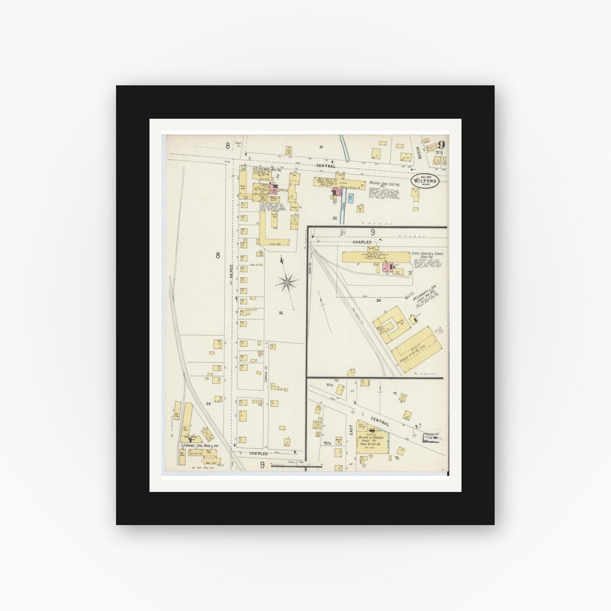 Old map wall art mockup — black gallery frame with white mat — Sanborn Fire Insurance Map from Milford, Worcester County, Massachusetts (1897), Sheet #0009