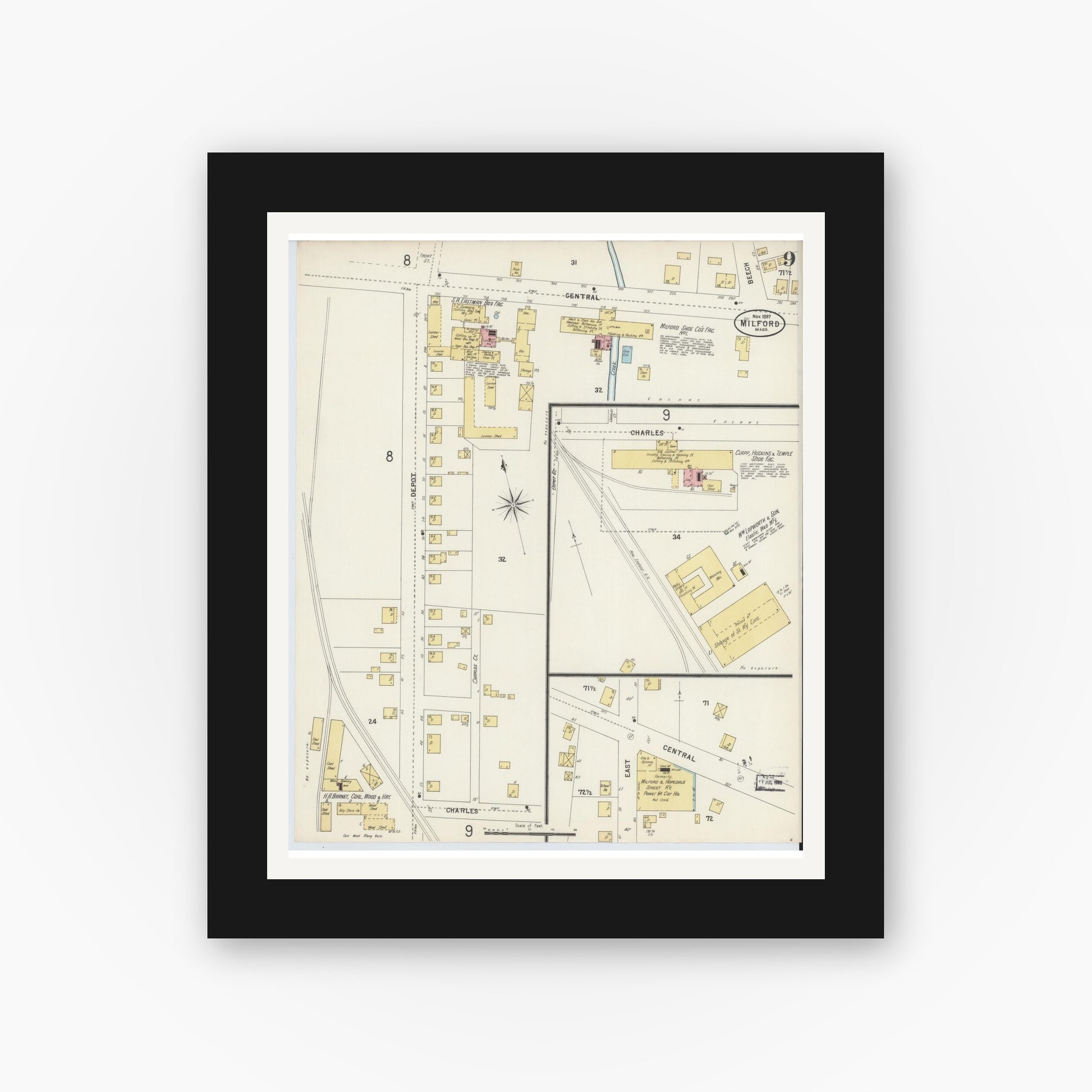 Old map wall art mockup — black gallery frame with white mat — Sanborn Fire Insurance Map from Milford, Worcester County, Massachusetts (1897), Sheet #0009