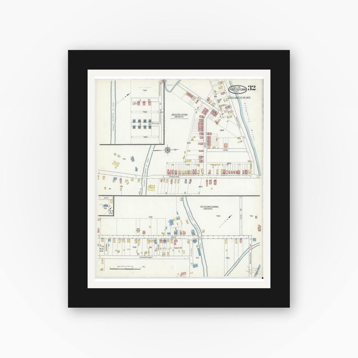 Old map wall art mockup — black gallery frame with white mat — Sanborn Fire Insurance Map from Pottstown, Montgomery County, Pennsylvania (1916), Sheet #0032