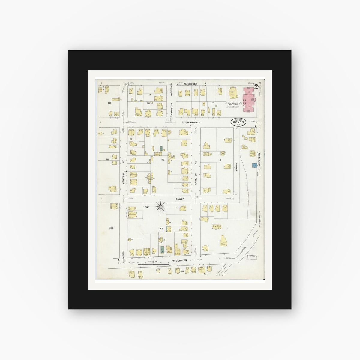Old map wall art mockup — black gallery frame with white mat — Sanborn Fire Insurance Map from Dover, Morris County, New Jersey (1909), Sheet #0002