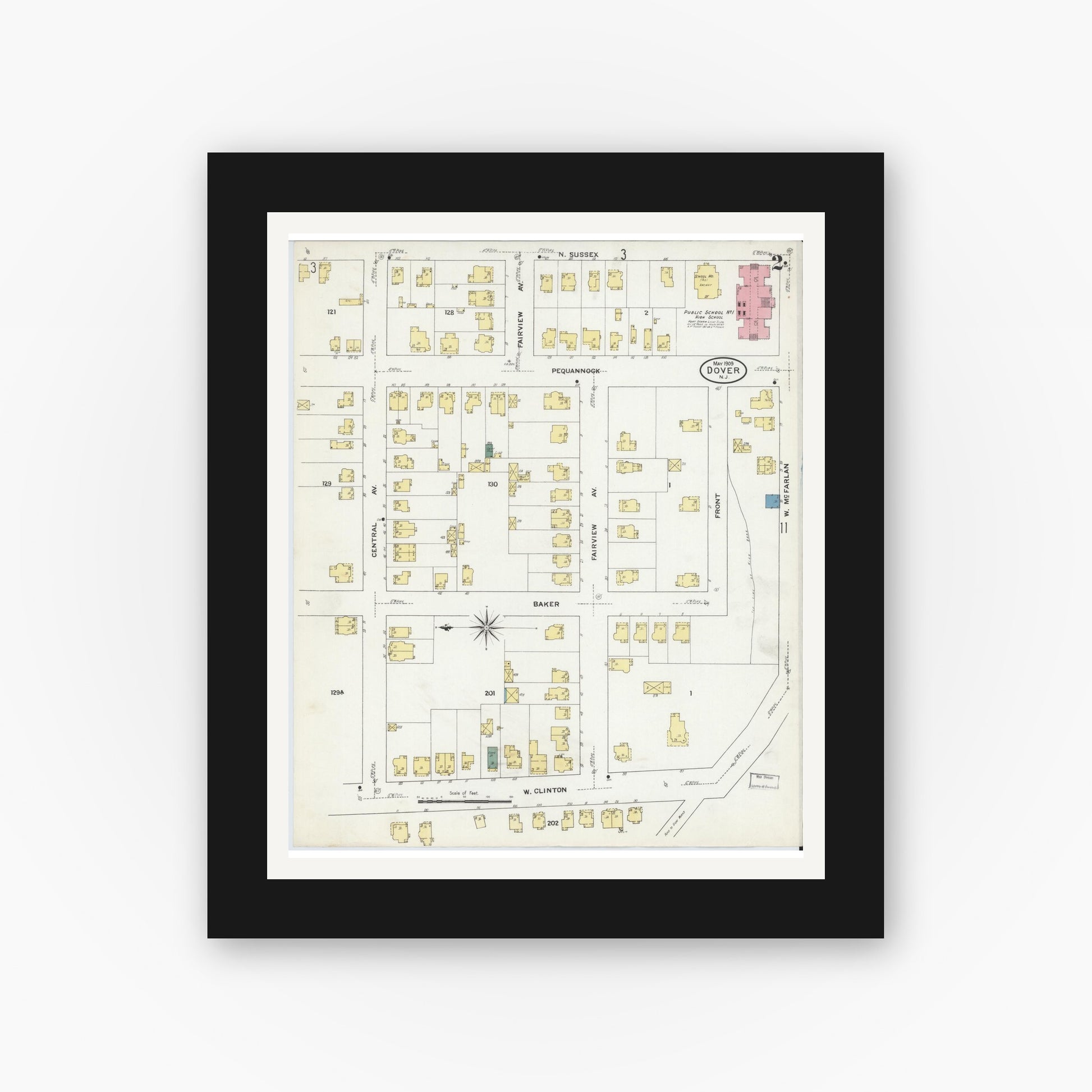 Old map wall art mockup — black gallery frame with white mat — Sanborn Fire Insurance Map from Dover, Morris County, New Jersey (1909), Sheet #0002