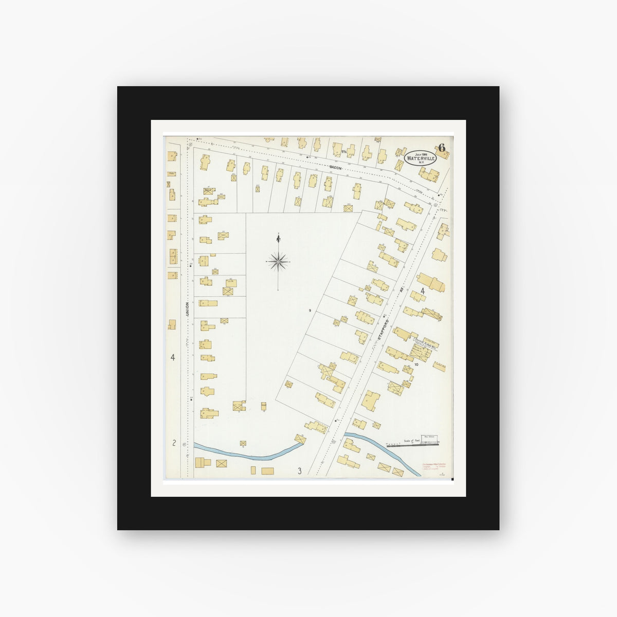 Old map wall art mockup — black gallery frame with white mat — Sanborn Fire Insurance Map from Waterville, Oneida County, New York (1906), Sheet #0006