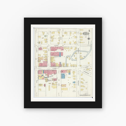 Old map wall art mockup — black gallery frame with white mat — Sanborn Fire Insurance Map from Buchanan, Berrien County, Michigan (1917), Sheet #0005