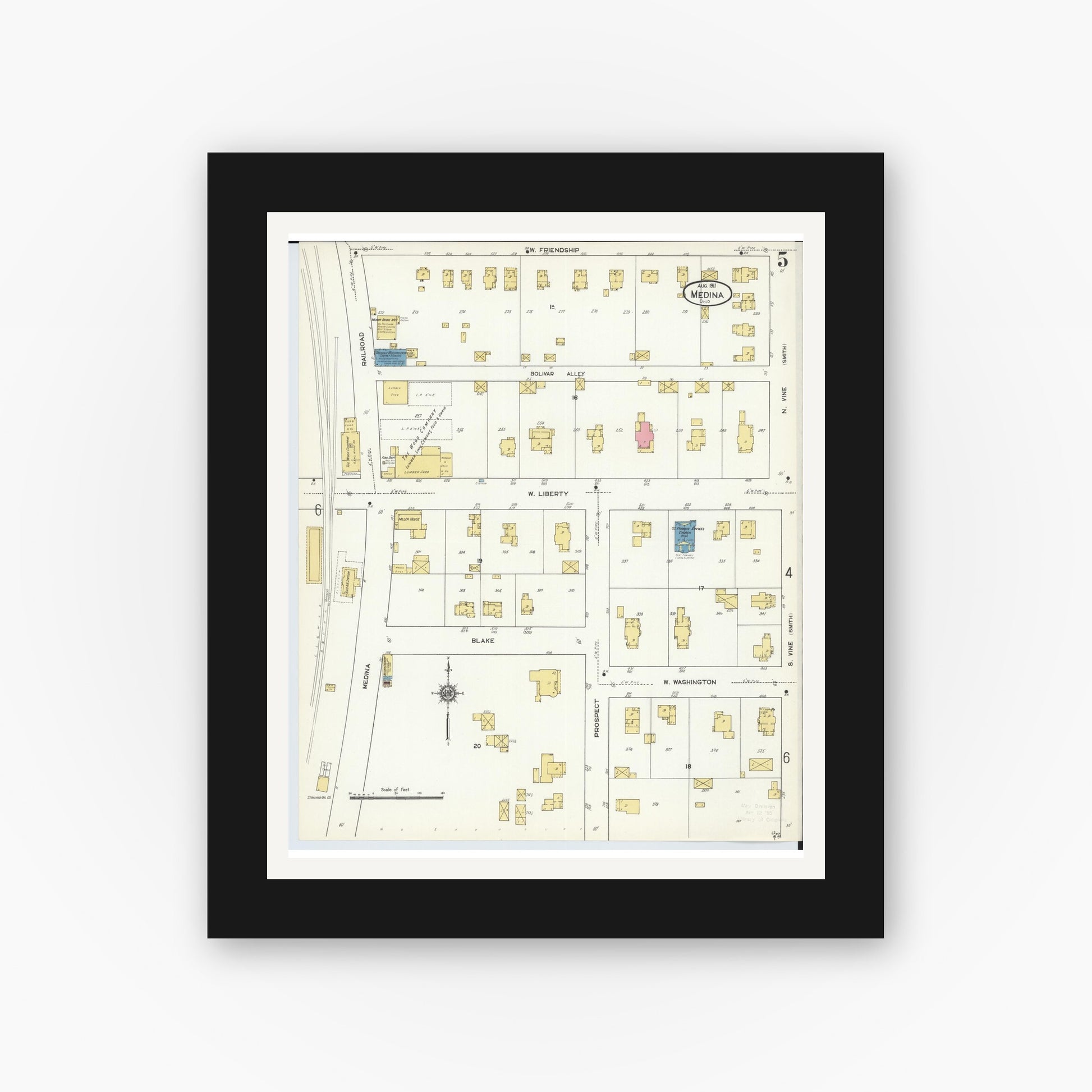 Old map wall art mockup — black gallery frame with white mat — Sanborn Fire Insurance Map from Medina, Medina County, Ohio (1911), Sheet #0005