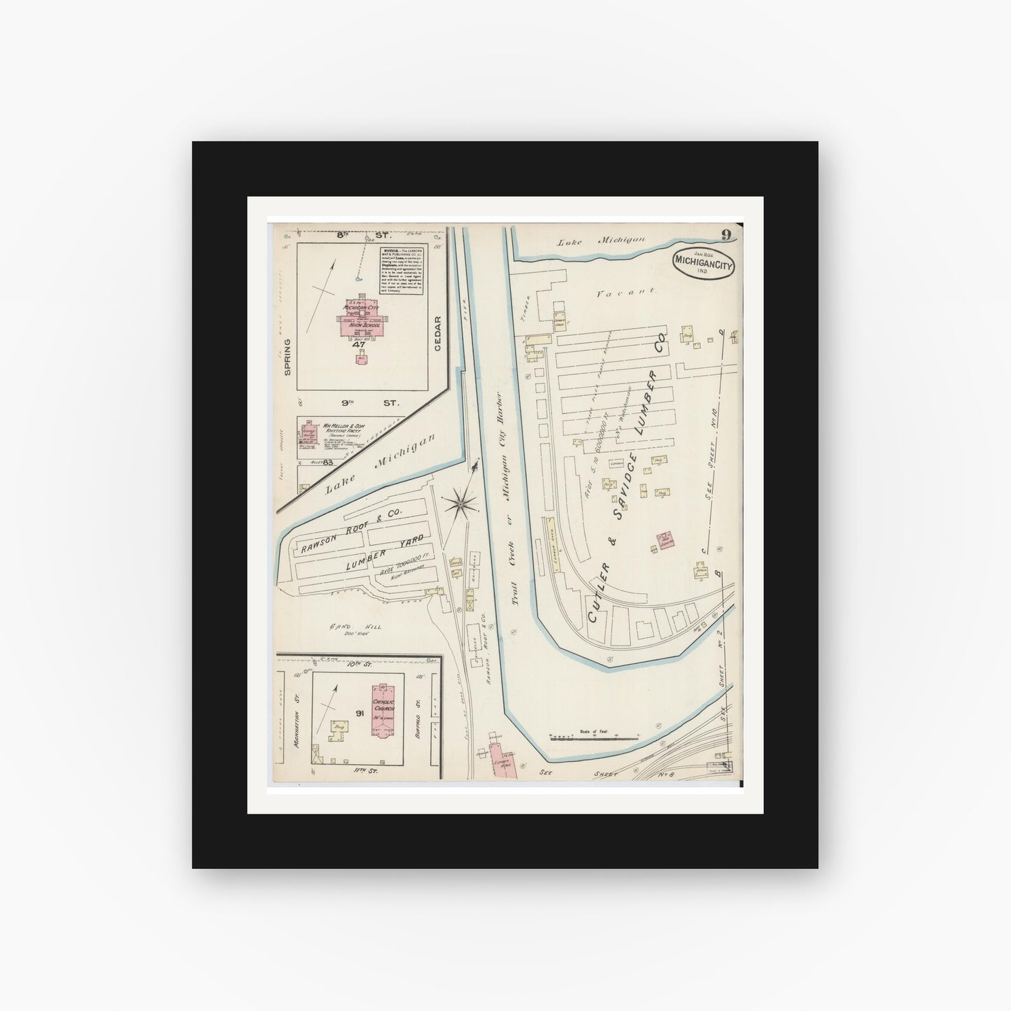 Old map wall art mockup — black gallery frame with white mat — Sanborn Fire Insurance Map from Michigan City, La Porte  County, Indiana (1884), Sheet #0009