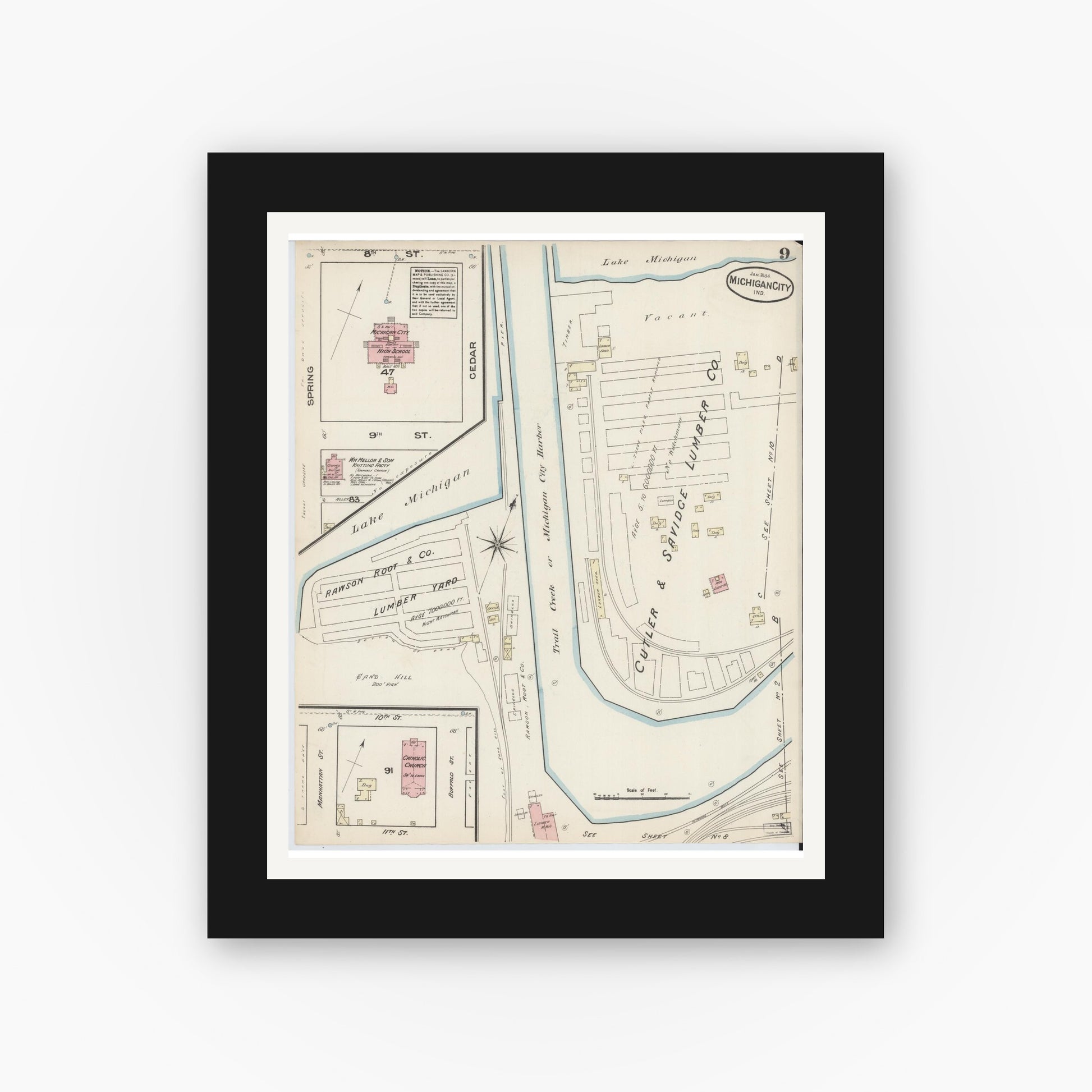 Old map wall art mockup — black gallery frame with white mat — Sanborn Fire Insurance Map from Michigan City, La Porte  County, Indiana (1884), Sheet #0009